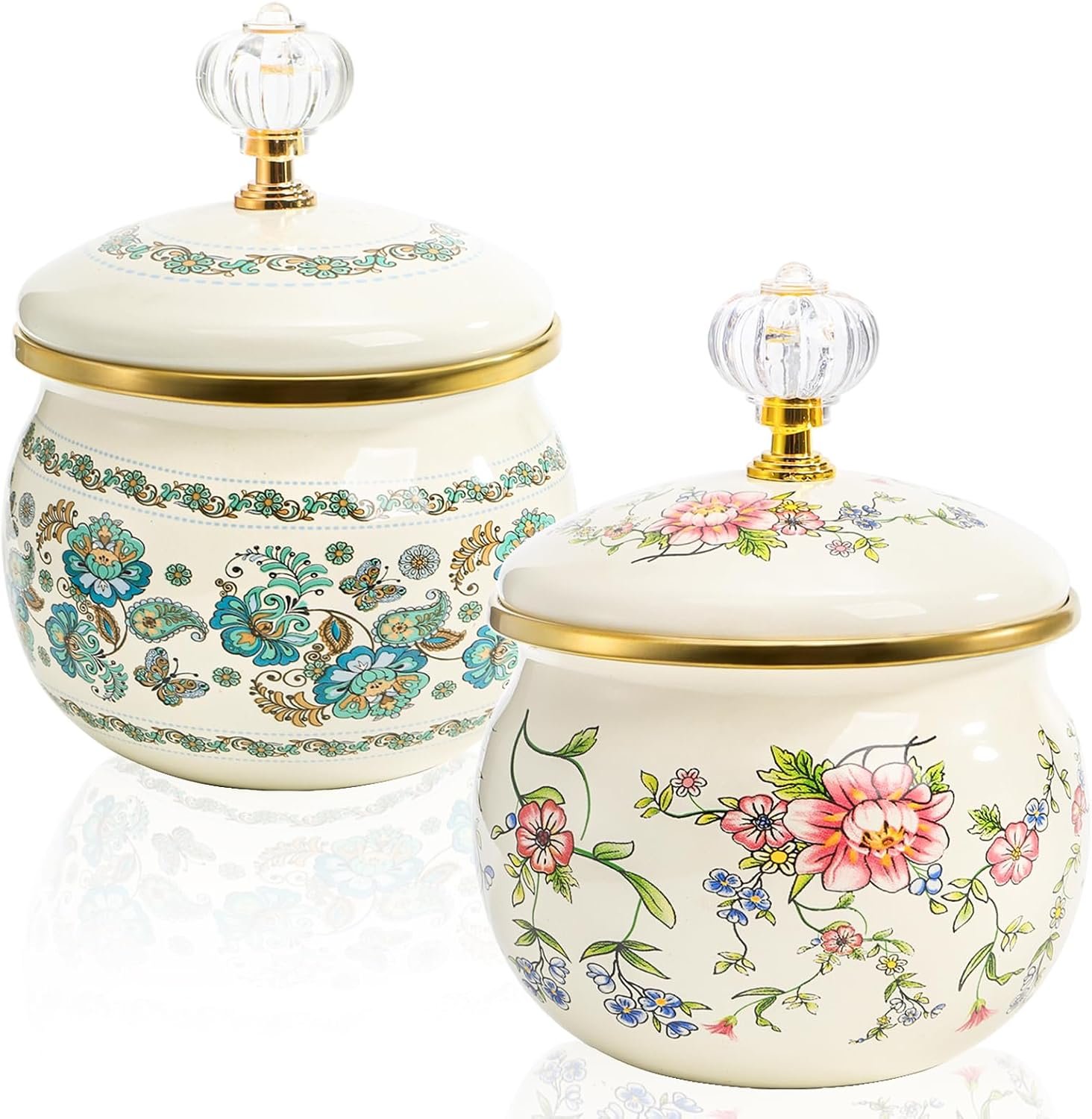 Elsjoy 2 Pack Vintage Enamel Storage Jar with Lid, 14 oz Floral Enamel Sugar Bowl Small Kitchen Canister for Candy, Cookies, Tea