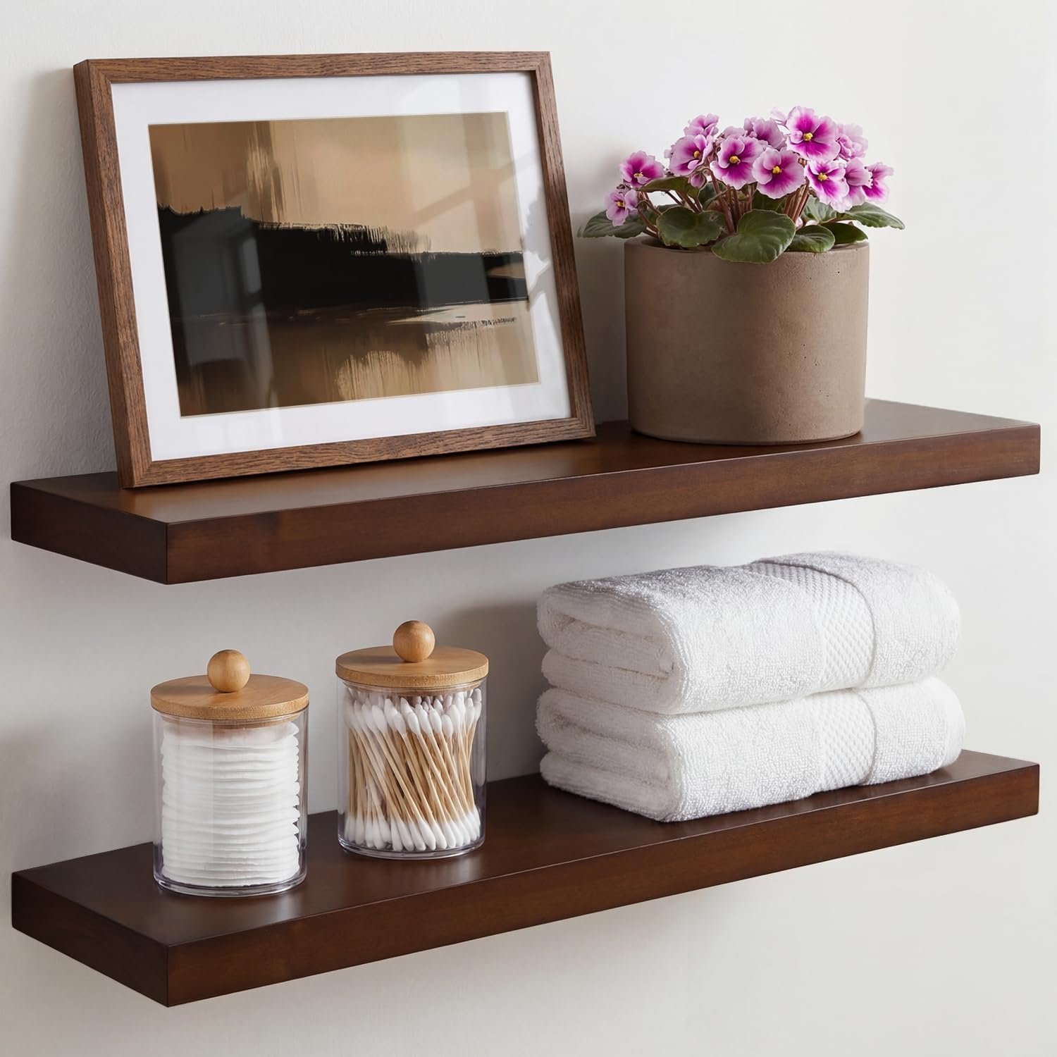 24inch Walnut Floating Shelves for Wall, High End Solid Real Wood 24in Floating Shelf for Bathroom, Dark Brown 24 inch Long Floating Shelves, Heavy Duty Bracket, 24 X 6.5 X 1.75 in, Set of 2