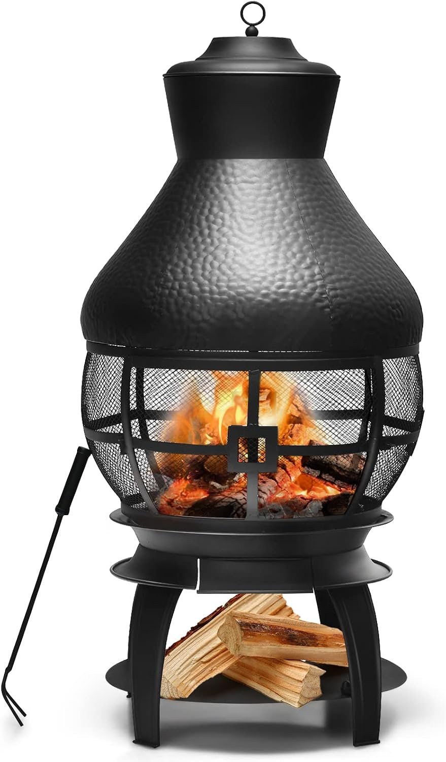 Giantex Wood Burning Chiminea, Heavy Duty Fireplace Chiminea Wooden Fire Pit with 2-piece Log Grate, Premium Rain Cap & Fire Poker, 360°Fire Retardant Mesh Cover, Ideal for Garden, Patio, Backyard