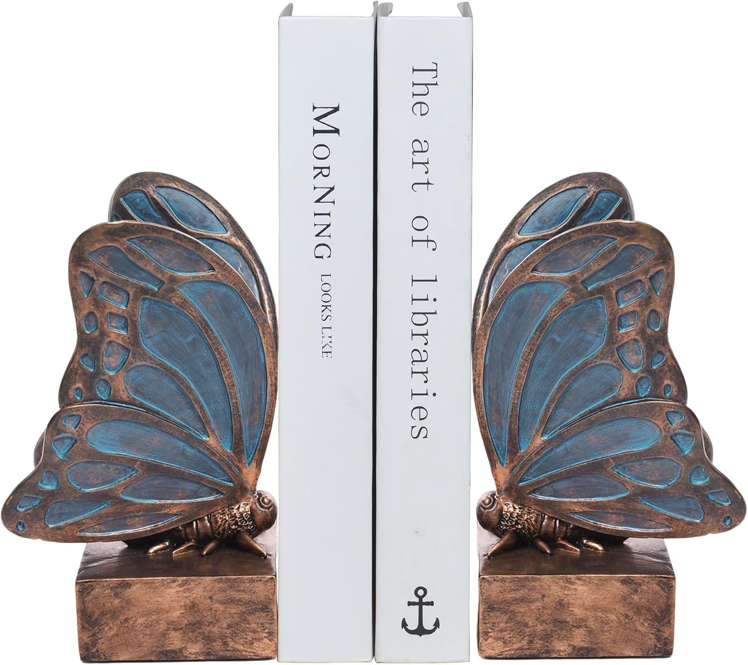 Vintage Blue Butterfly Bookends,Resin Book Ends for Shelves,Heavy Duty Decorative Bookends,Creative Book Stopper Holder Decor for Desk Home Office,Shelf Decoration,Gifts for Mother’s Day