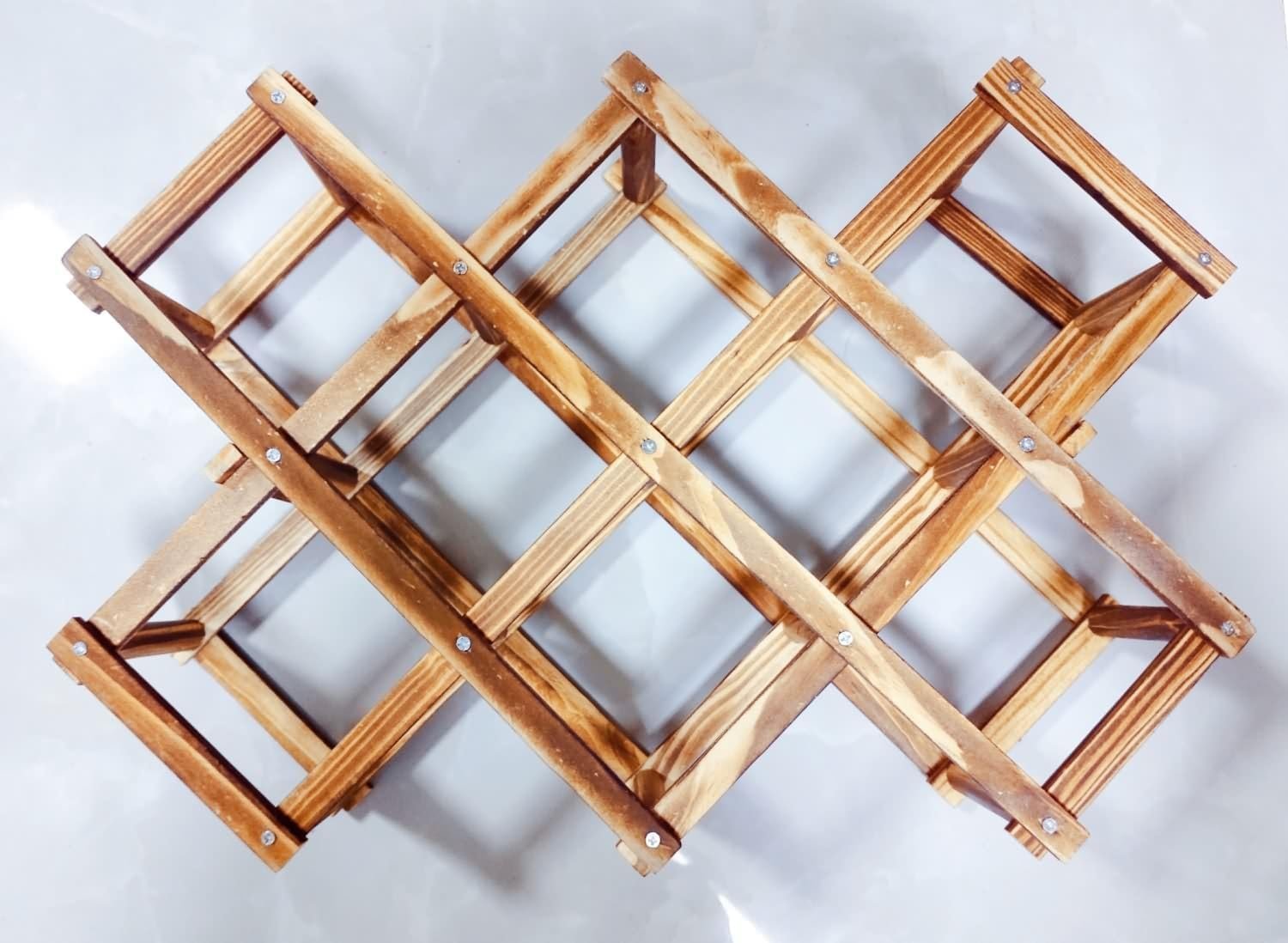 Foldable Wooden Wine Rack, 10-Bottle Expandable Countertop Wine Holder with 8 Individual Slots and Top Storage, Carbonized Pine, No Assembly Required