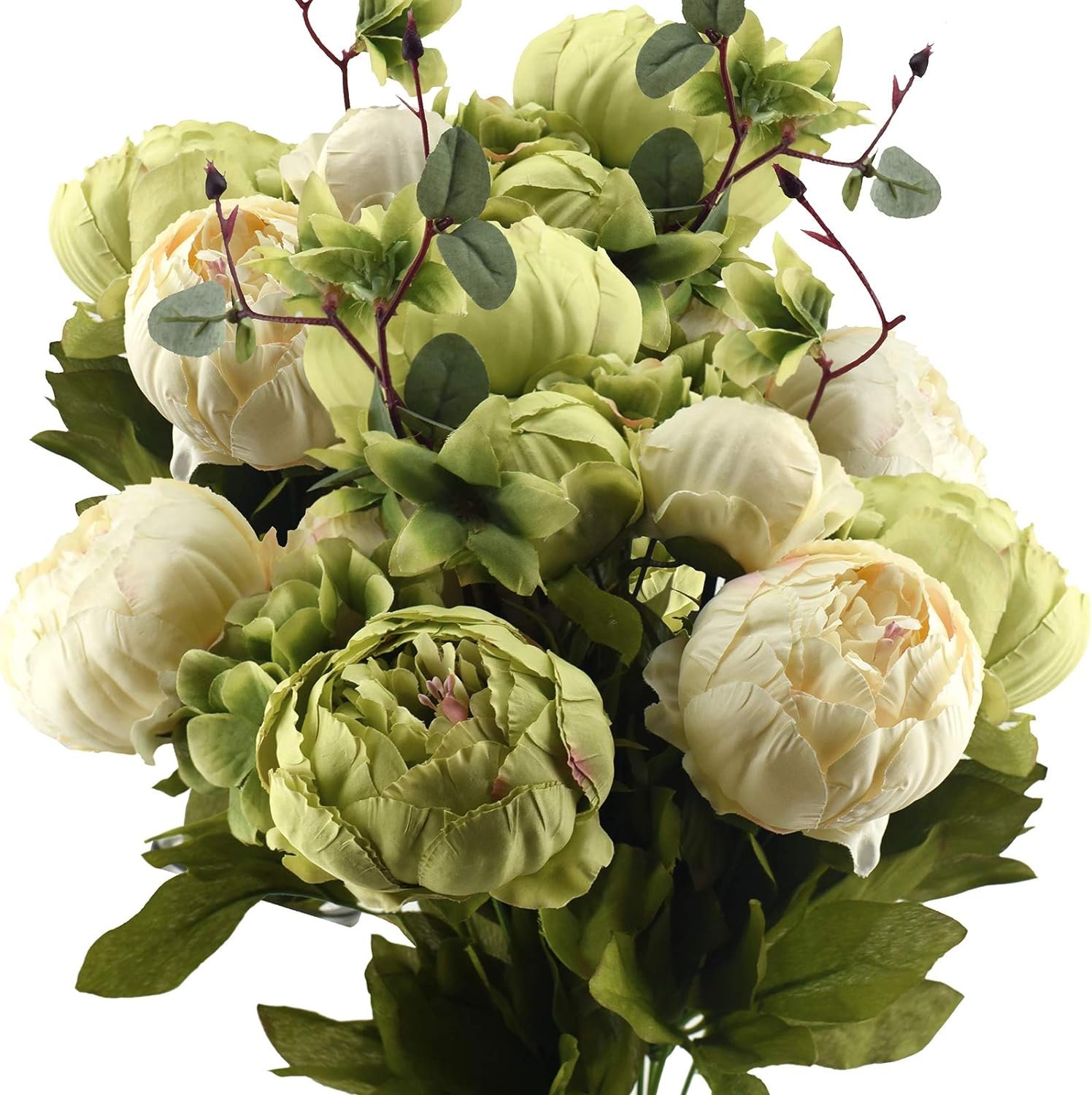FiveSeasonStuff Cream Beige & Moss Green Artificial Peony Bouquet Set of 2 | Muted vintage-garden tones; intertwine two separate bouquets for a fuller, layered arrangement