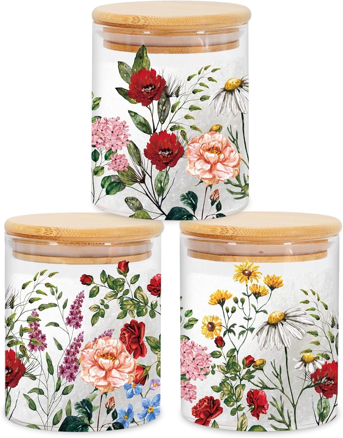 JarThenaAMCS 3Pcs Vintage Floral Glass Storage Jars with Airtight Lid Wildflower Decorative Canisters Sets for Cookie Spring Summer Farmhouse Home Kitchen Countertop