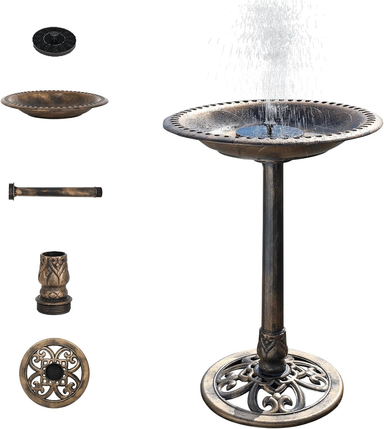 VINGLI Pedestal Bird Bath with Solar Fountain, Solar Pump Resin Birdbaths, Weather Resistant Bird Baths with Ground Stakes, Vintage Finish Garden Decor for Outdoor, Patio, Yard, Lawn (Copper)