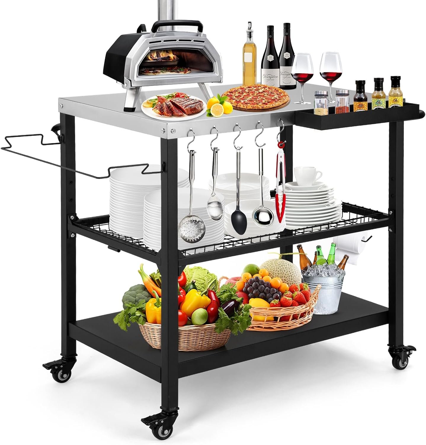 Outdoor Grill Cart,36 Inch Stainless Steel Pizza Oven Table with Lockable Wheels, Hooks & Adjustable Mesh, Metal Kitchen Cart Island, Black(36.2” D x 19.6”W x 31.4”H)