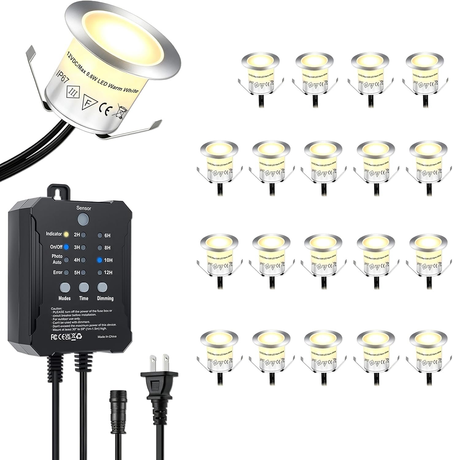 Dimmable LED Deck Lights With Timer and Photocell Sensor, 20 Pack Recessed Light Kits, IP67 Waterproof Outdoor Smart Lighting for Garden, Yard, Patio, Step, Floor Decoration