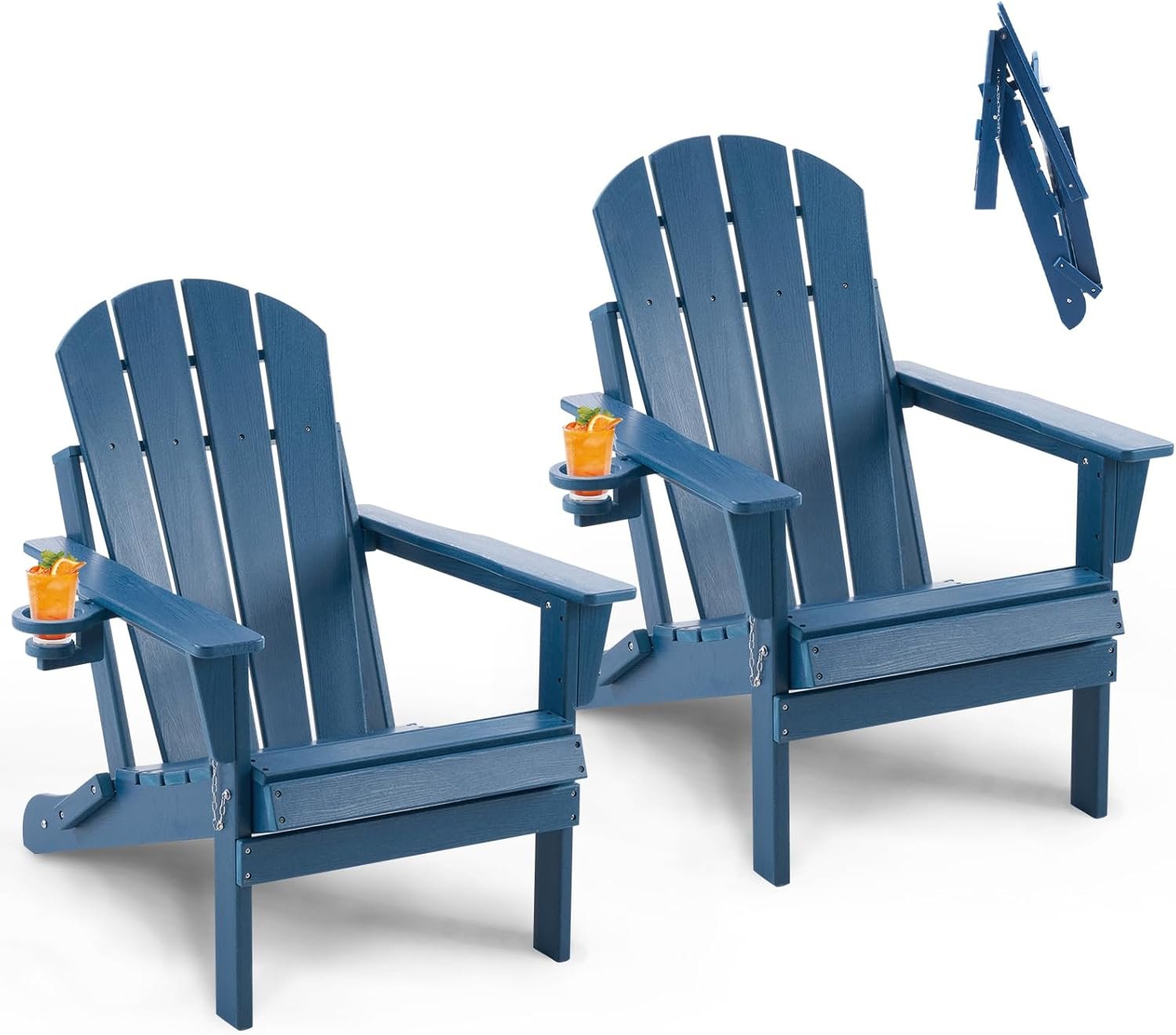 Furnimart Folding Adirondack Chairs Set of 2, Outdoor HDPE Patio Chairs – Wood Look with Cup Holders, Plastic Chairs Weather-Resistant for Outside Garden Balcony Lawn, Blue 2pcs