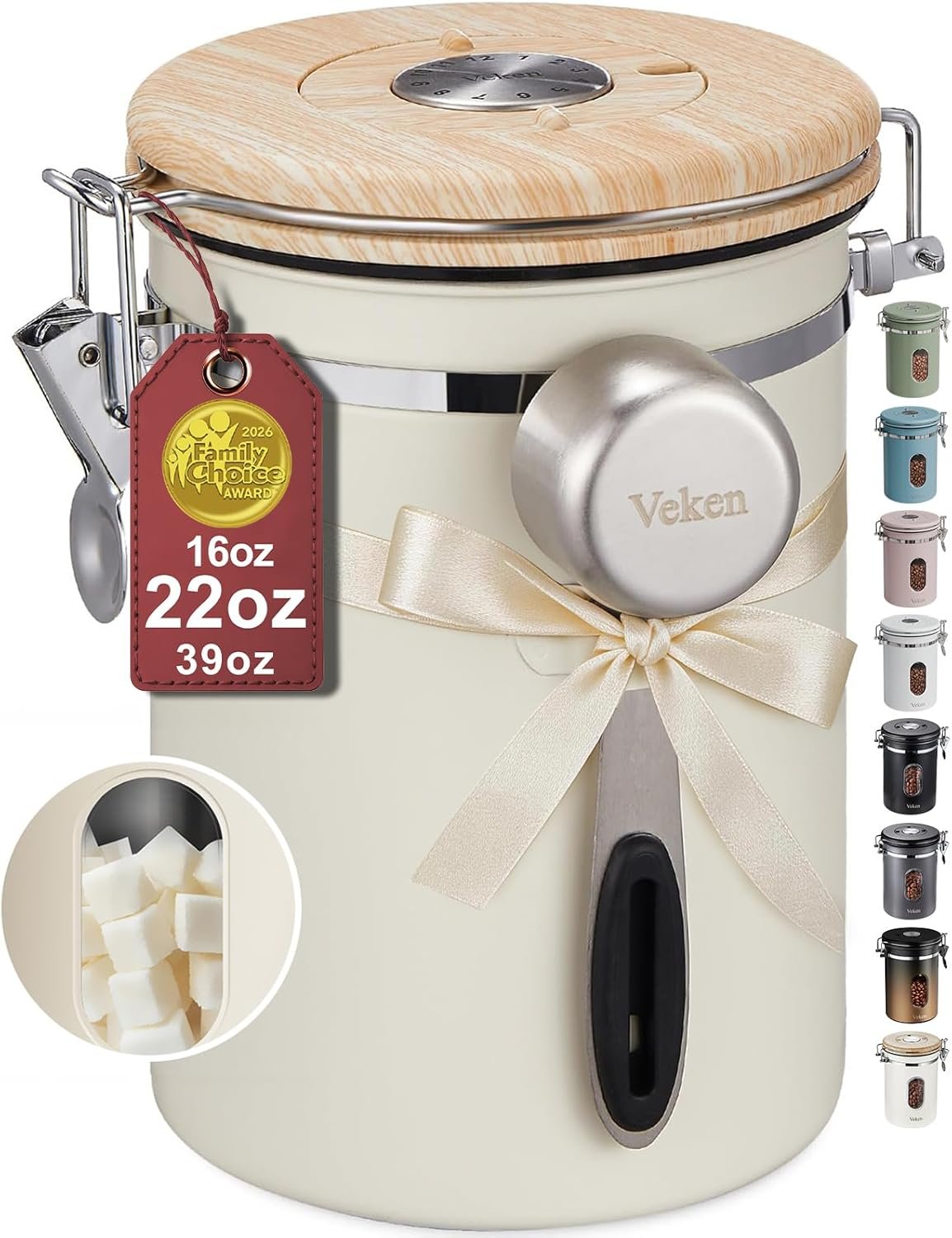 Veken Coffee Sugar Canister with Window, Gifts For Women,Airtight Stainless Steel Kitchen Food Storage Container Gift, Date Tracker & Scoop for Ground, Beans,Tea,Flour,Cereal, 22OZ, Cream | Gifts For Women, Kitchen Food Storage for Beans,Ground,Espresso,Rice,Tea, Sugar, Cereal, Lids,Jars, Scoop, Cream