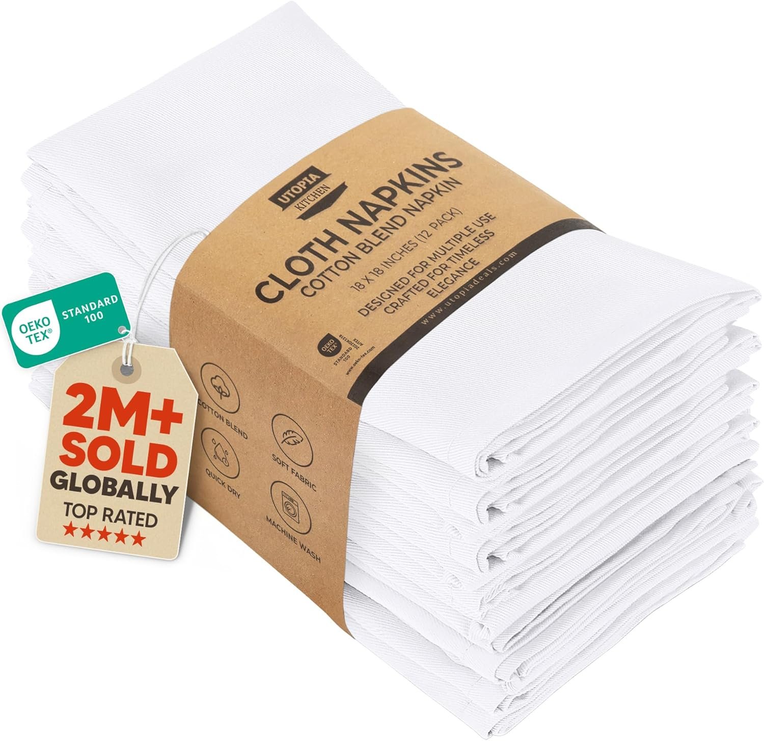 Utopia Kitchen Cotton Blend White Cloth Napkins [12 Pack, 18×18 Inch] | Absorbent Washable and Reusable for Dinner, Restaurant, Lunch, Wedding and Hotel