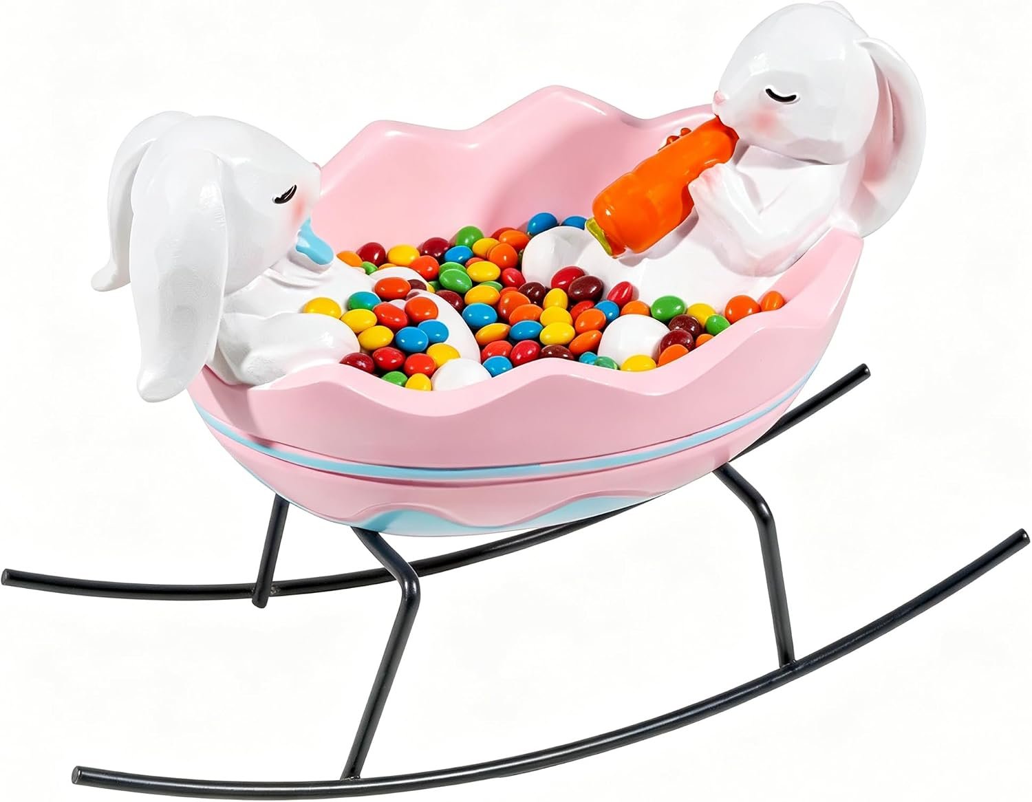 Exasinine Bunny Figurines Easter Candy Dish Rocking Egg Cradle Rabbit Statue for Spring Decor Cute Bunny Tabletop Centerpiece for Home Office Decoration, Easter Rabbit Decoration Gift