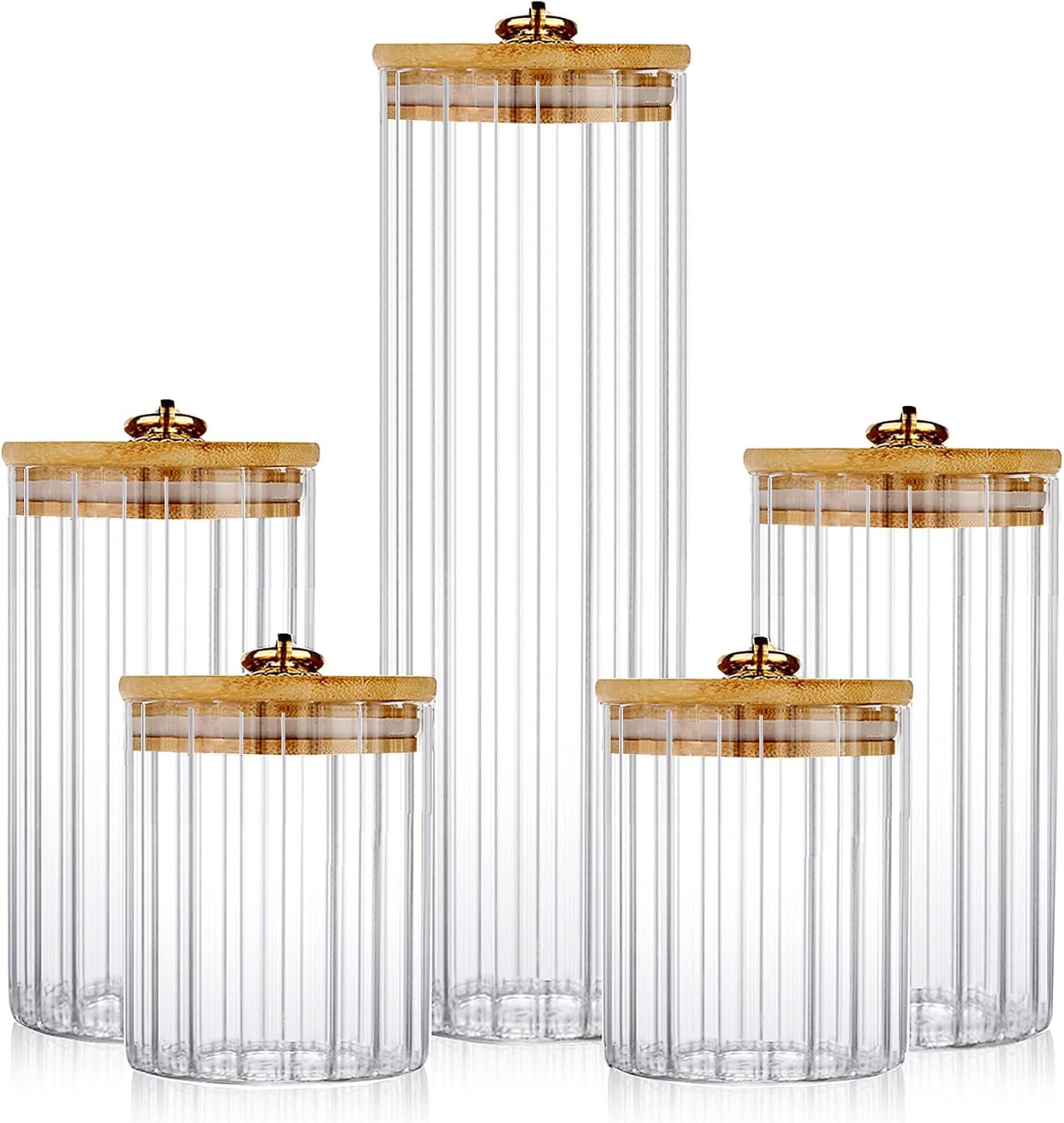 Glass Storage Jars Set of 5, Coffee Bar Containers with Airtight Bamboo Lid | Vintage Metal Ring, Ribbed Borosilicate Glass, Home Kitchen Pantry Storing Coffee, Candy, Sugar, Tea, Nuts, Oatmeal, Pasta