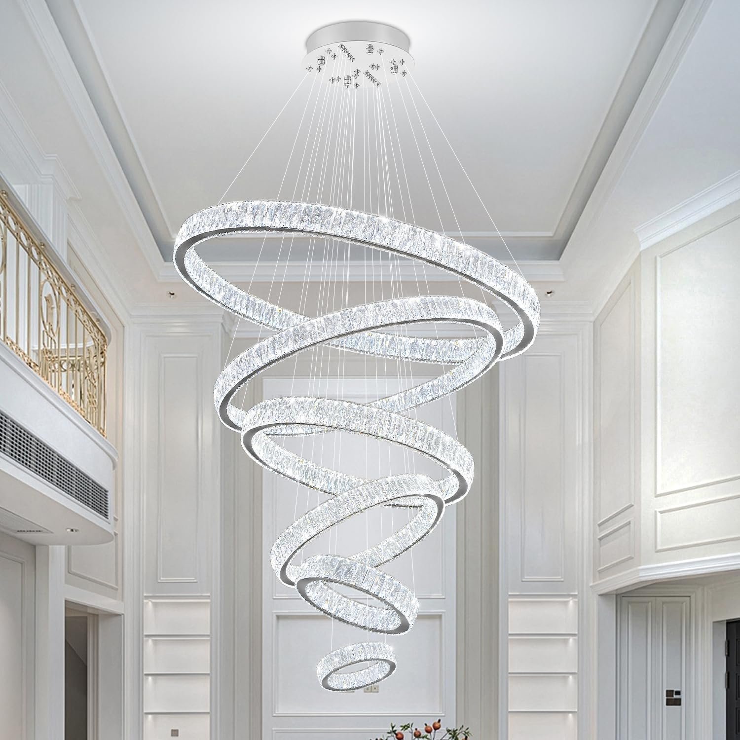 Extra Large 6 Ring Crystal Chandelier Modern LED Long Crystal Chandelier for High Ceiling Height Adjustable D8+15.7″+23.6″+31.5″+39.4″+47.5″ Dimmable 2700K-6000K