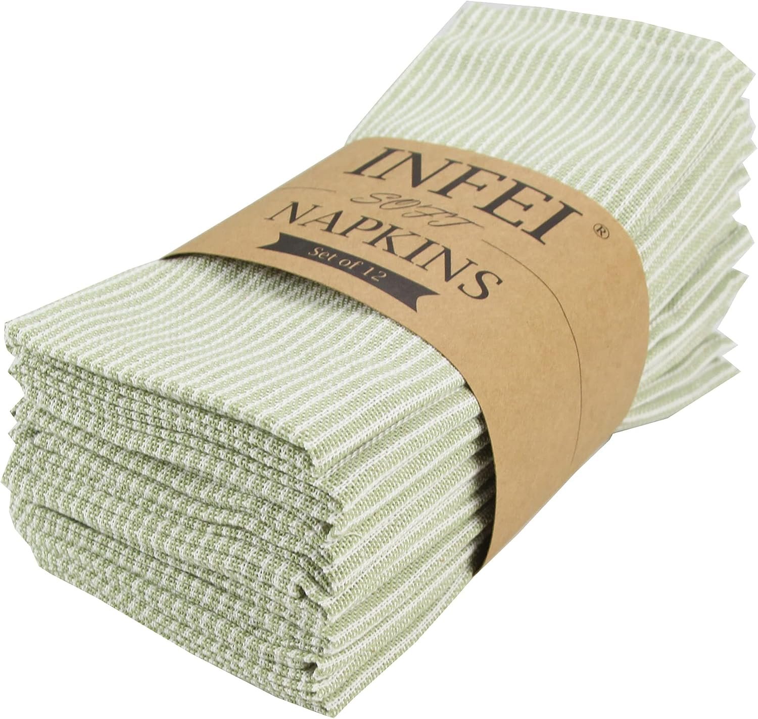Narrow Striped Cotton Linen Blended Dinner Cloth Napkins – Set of 12 (40 x 30 cm) – for Events & Home Use (Green)