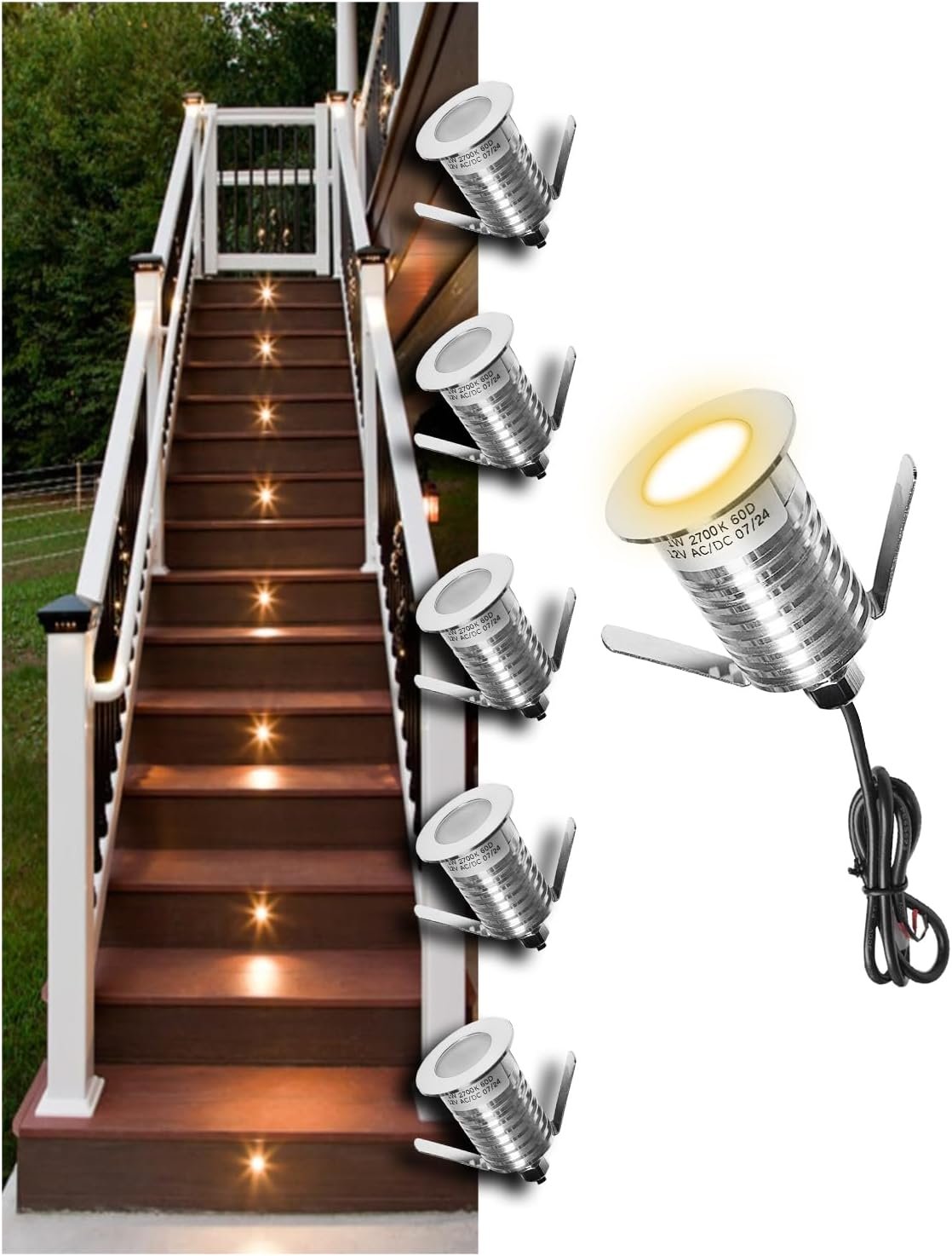 MALORY Low Voltage Deck Light 6-Pack, 1W 80 Lumens Landscape Lighting, φ35 mm Recessed LED Outdoor Step Stair Lights, Full 304 Stainless Steel Deck Lighting Wired for Outside Yard