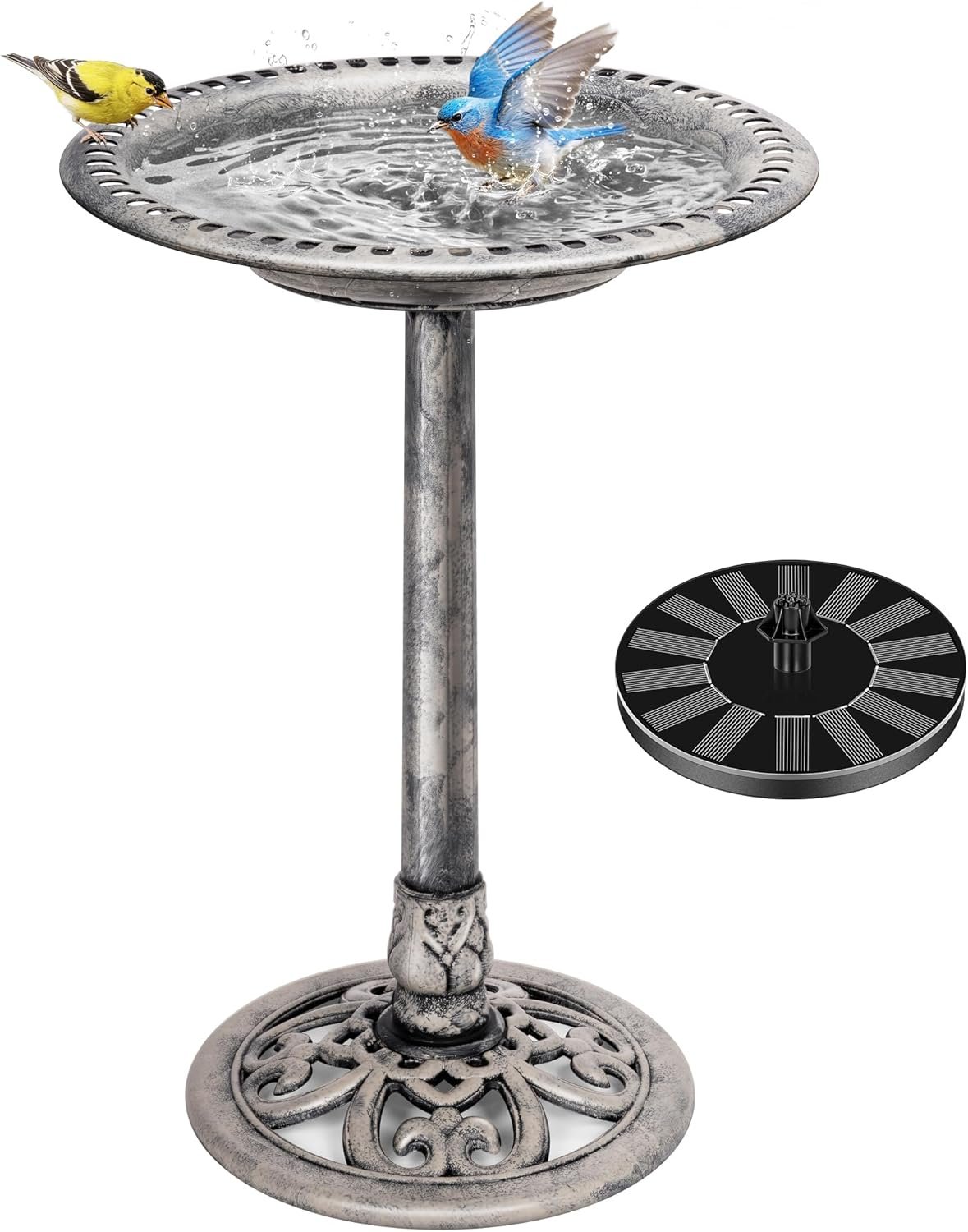 VIVOHOME Bird Bath with Solar Fountain for Outside, Pedestal, Gray | Solar-Powered Pump, Weather-Resistant Polyresin, 20-Inch Bowl, for Outdoor/Garden, Bird-Friendly, Easy to Clean