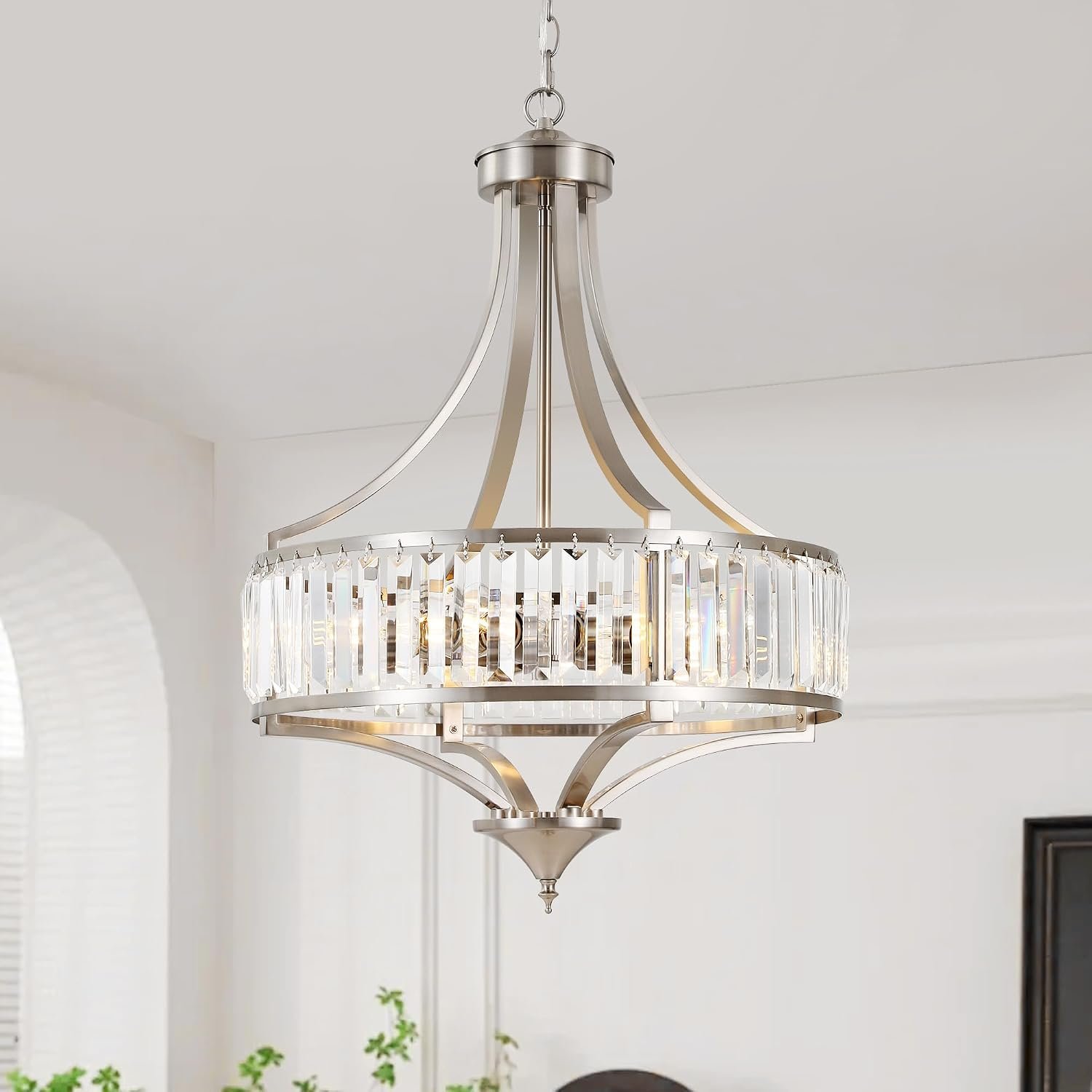 CNRATYE 20″ Brushed Nickel Chandeliers for Dining Room, 5-Light Modern Crystal Chandelier for Entryway, Hanging Round Light Fixture for Kitchen Island Living Room Bedroom Office Bathroom Staircase