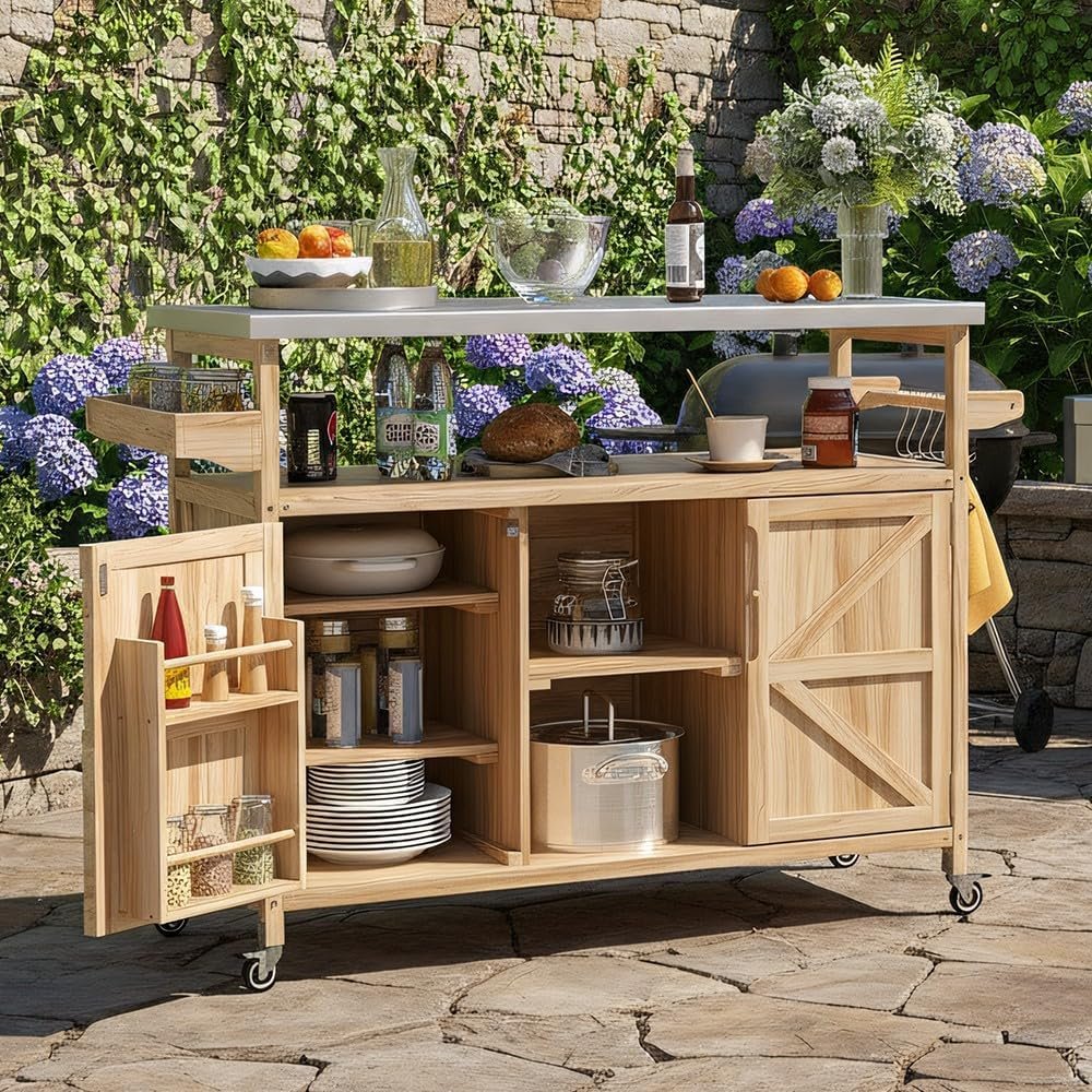 Merax 50″ Outdoor Kitchen Grill Cart Island on Wheels with Stainless Steel Top,Farmhouse Style Solid Wood Frame Storage Cabinet for Patio