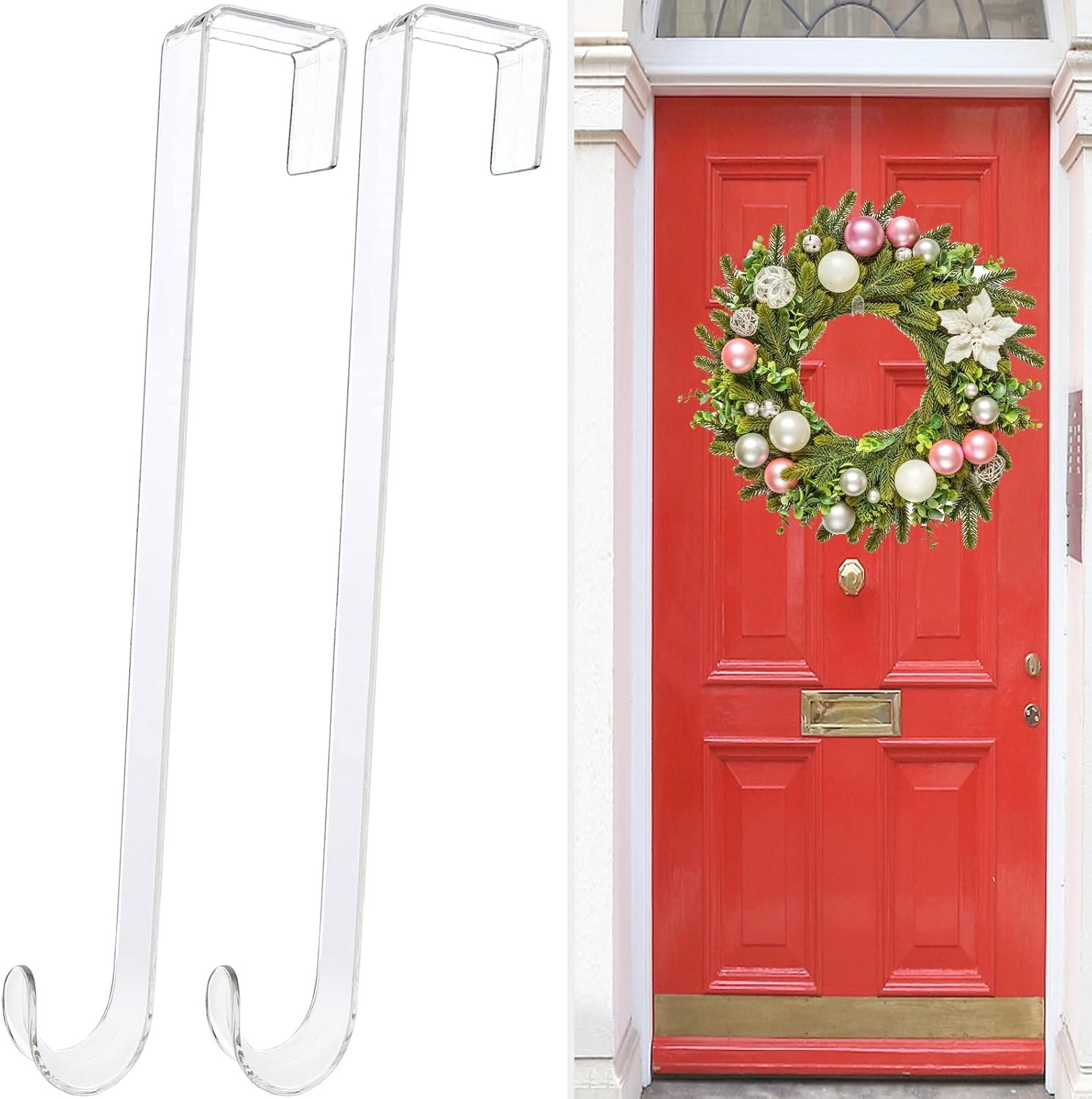 Wreath Hangers for Front Door,12″ Clear Wreath Door Hanger,2 Pack Wreath Hanger Non Scratch Over The Door Hooks Easter Christmas Decorations Indoor Outdoor,Welcome Sign for Front Door Decor