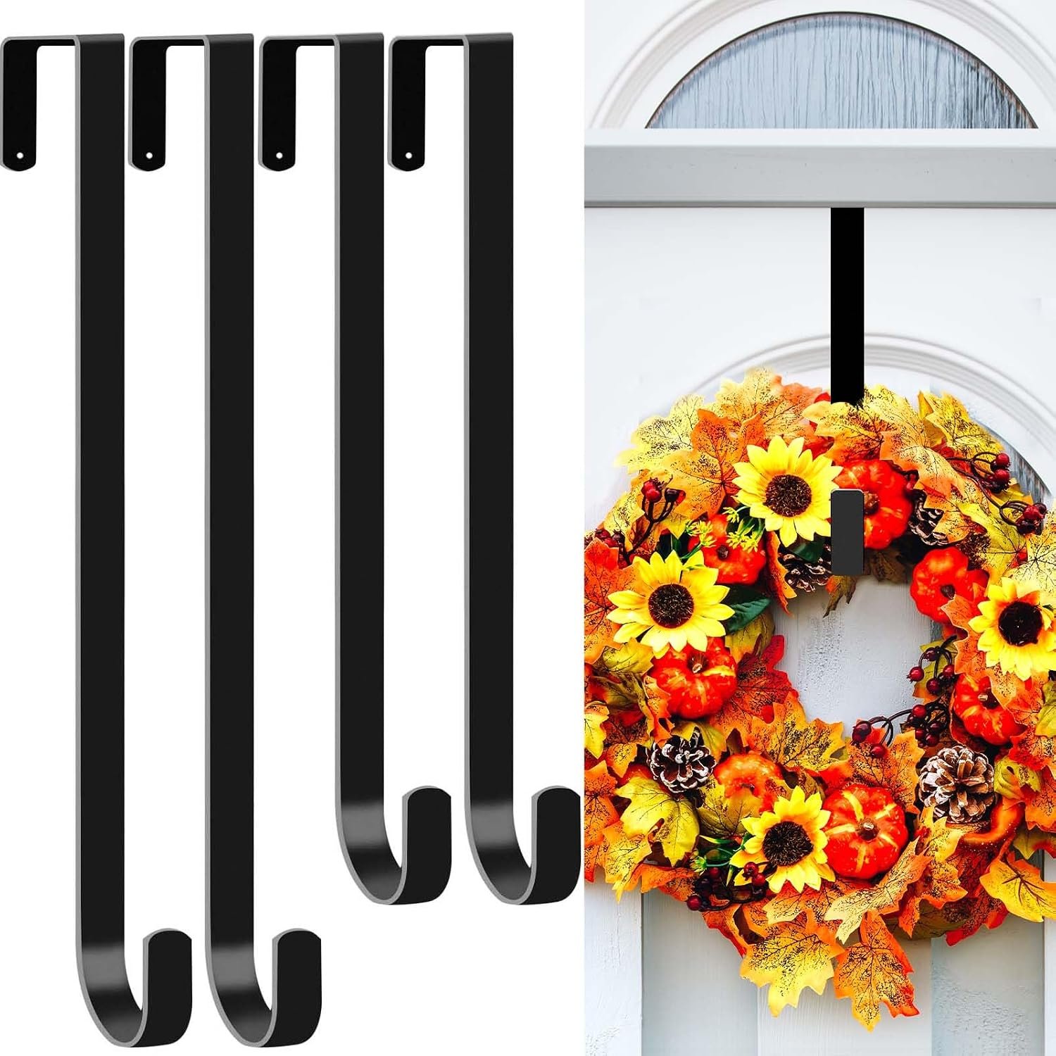 4 Pack Wreath Hangers for Front Door, Over The Door Wreath Hanger Holiday Decorations Wreath Hook for Hanging Christmas Easter Fall Decoration, Welcome Sign Holder Two Each of 12″ and 15″ (Black)