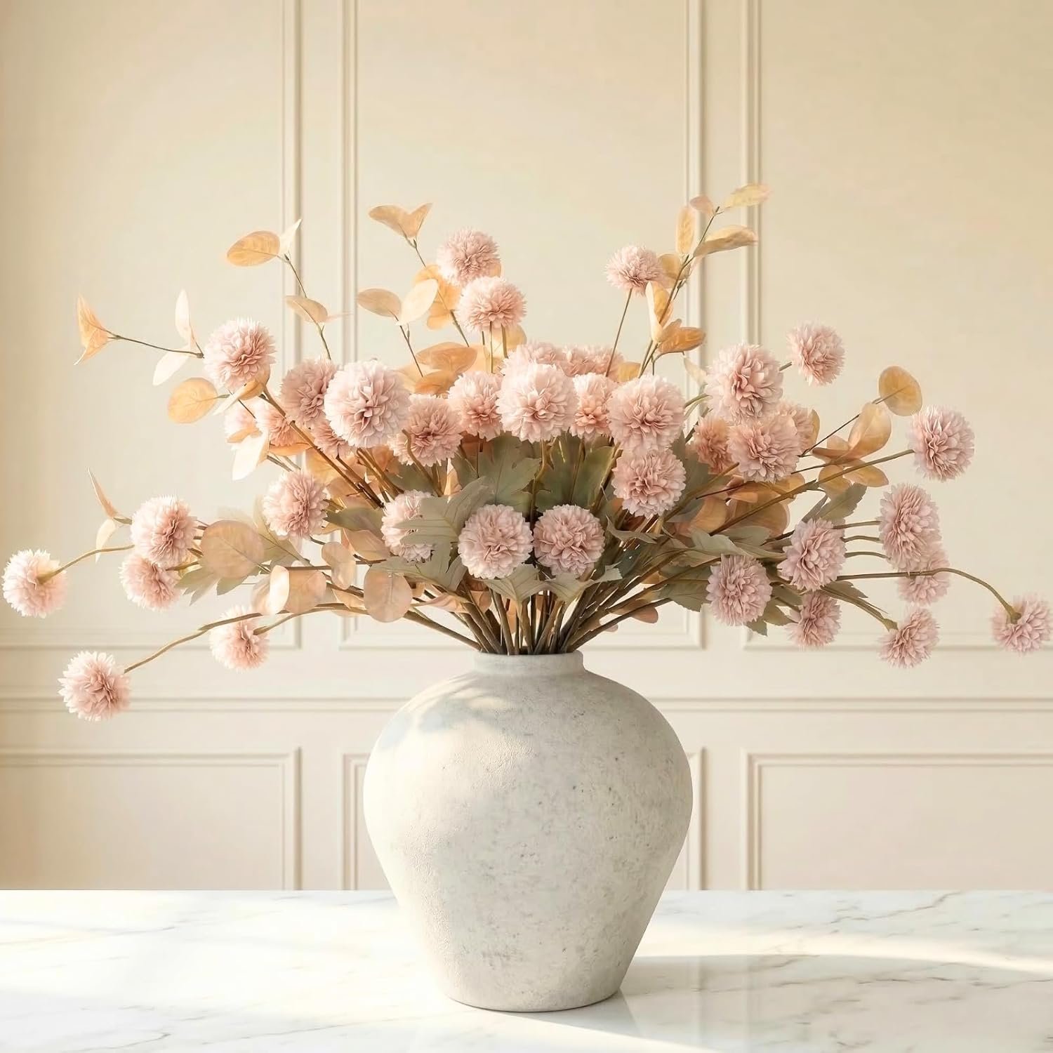 Artificial Flowers for Vase – Beige Silk Mums 10 Long Stems with Eucalyptus, Faux Flowers Home Decor, Neutral Tan Cream Floral Arrangement, Fake Chrysanthemum Pom Pom Stems, Summer Fall Centerpiece