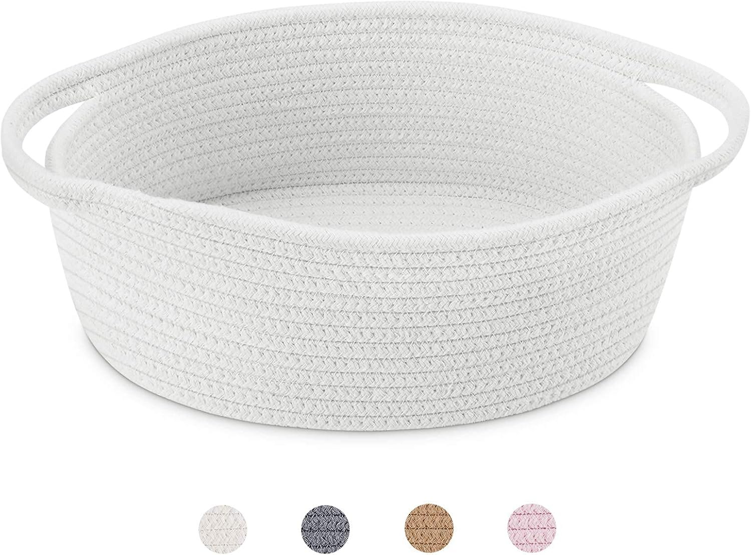 ABenkle Small Basket with Handles, Boho Decorative Rope Woven Dog Cat Toy Storage Bin Shelf Storage Organizer, Easter Christmas Gift Basket, 12″x8″x5″, White