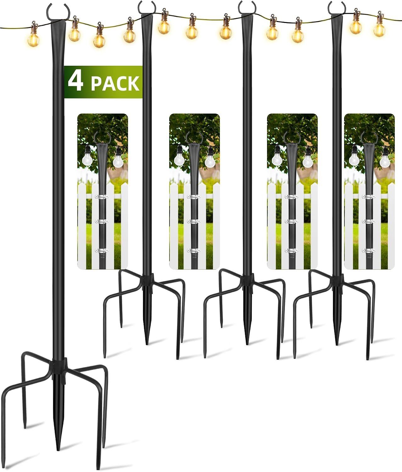 String Light Poles for Outside 4 Pack, 10ft Metal Outdoor String Light Poles for Deck – Ideal for Patio, Garden, Yard, Front Porch Decorations, Black