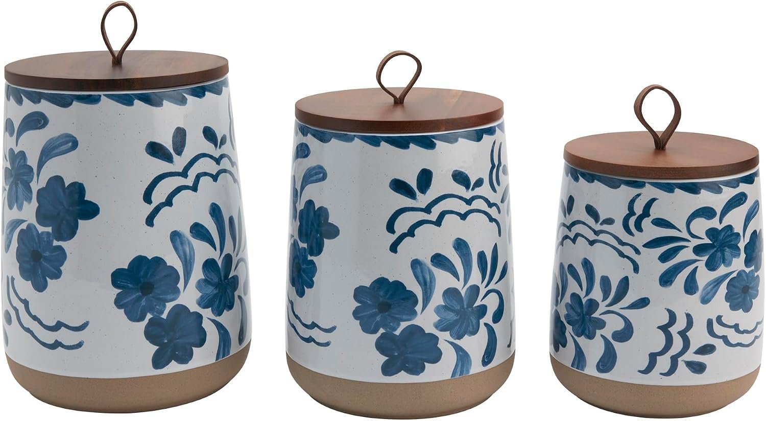 Tabletops Gallery Ceramic Canister Collection- Stoneware Designed Kitchen Storage Acacia Wood White Set, 3 Piece Botanical Blue Canister Set