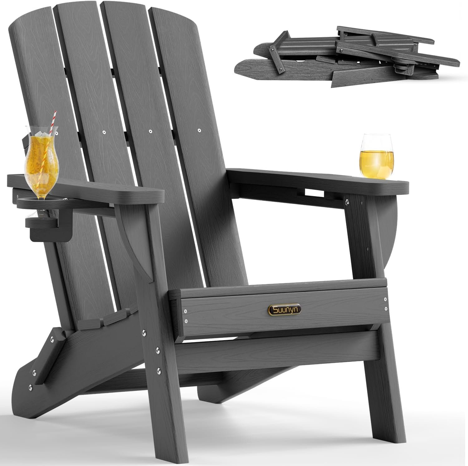 Folding Adirondack Chair, HDPE Adirondack Chairs with 2 Cup Holder, Plastic All-Weather Fire Pit Chairs, Outdoor Lawn Chair for Patio Garden (Grey)