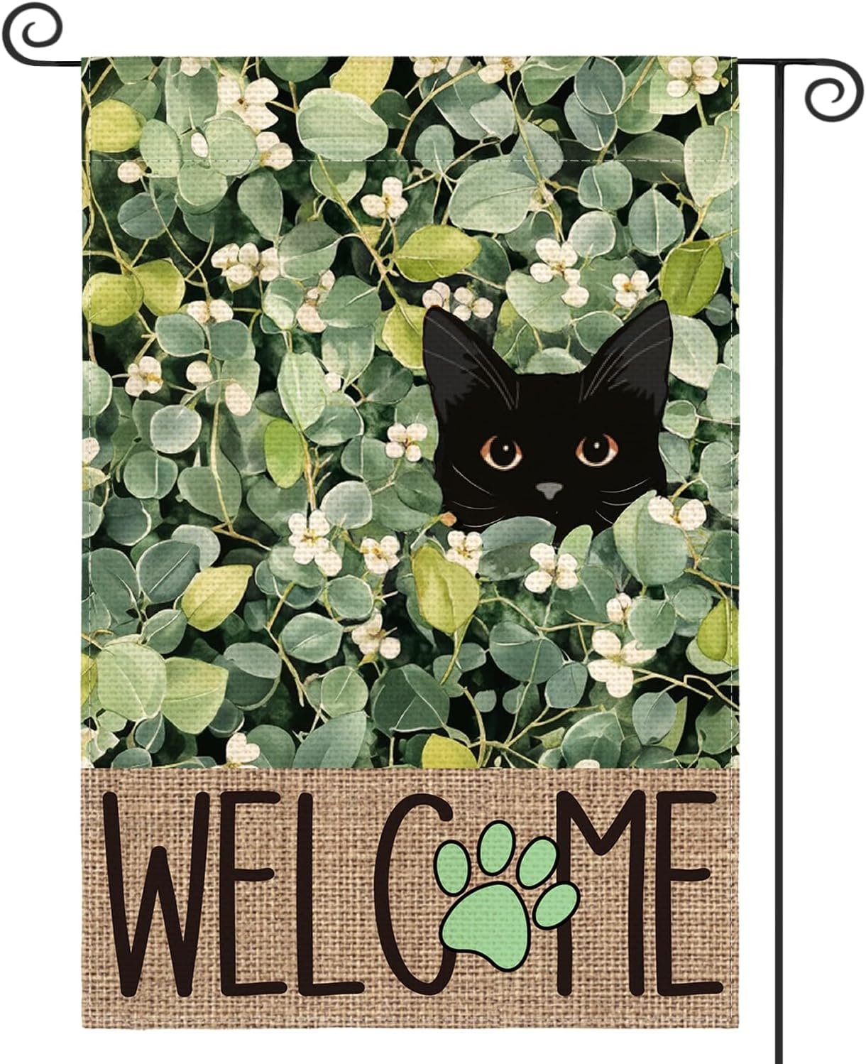 AVOIN colorlife Black Cat Welcome Eucalyptus Spring Garden Flag 12×18 Inch | Double Sided, Weather & Fade Resistant, Yard Outdoor Decoration, for Outside