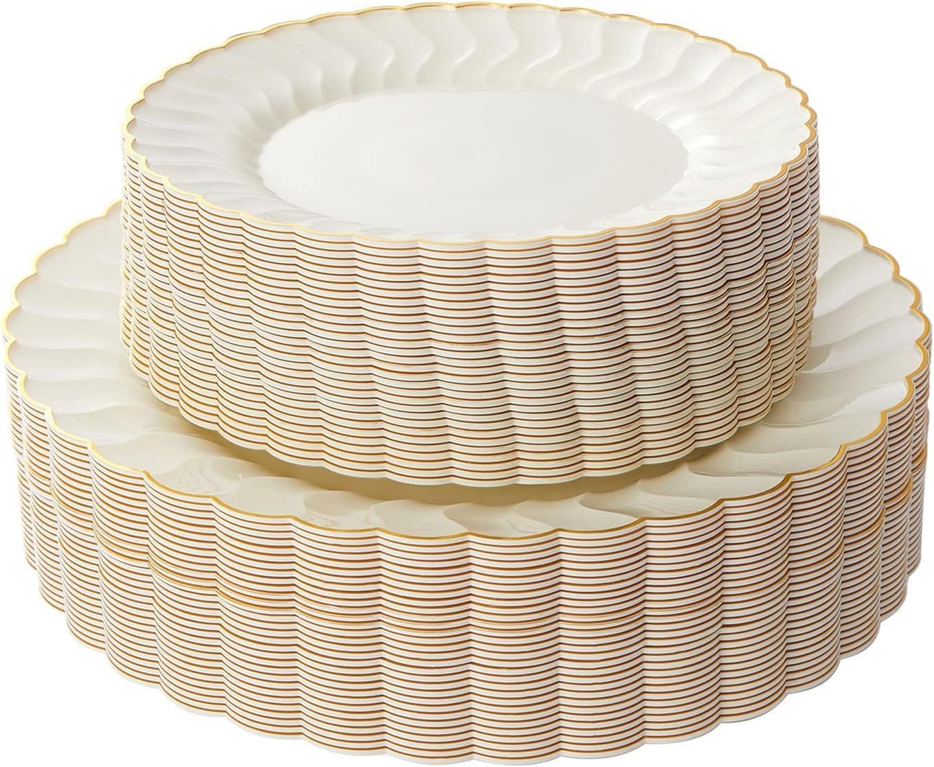 Lullaby 60PCS Ivory Scalloped Plastic Plate with Gold Rim for Party Wedding | Disposable Fancy Plates Include 30 Dinner Plates 10.25″, 30 Dessert Plates 7.5″ for Bridal & Baby Shower