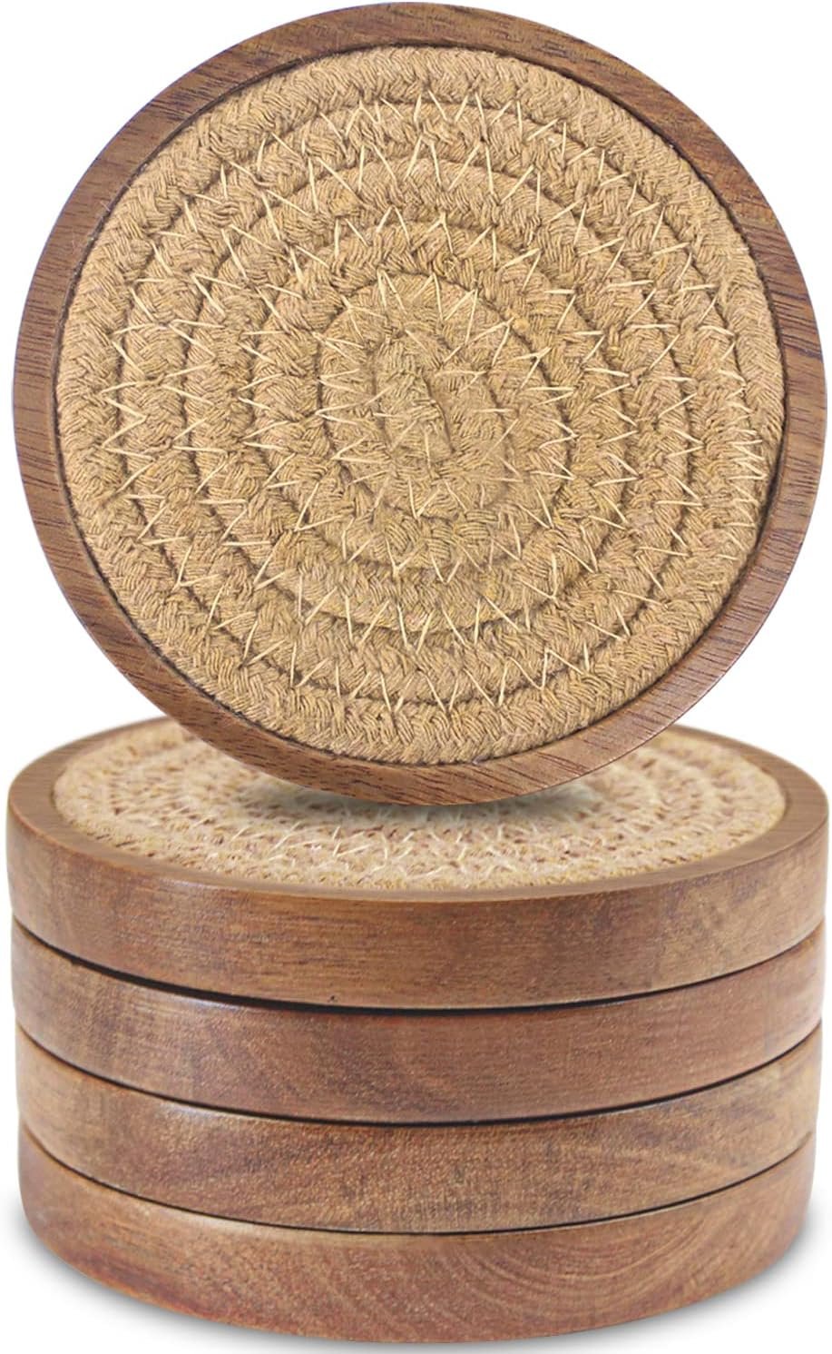 Wood Coasters for Drinks, Eykao Absorbent Coaster Sets of 5, Woven Drink Coasters for Coffee Table, Housewarming Gift for Farmhouse Home Decor,4 inches