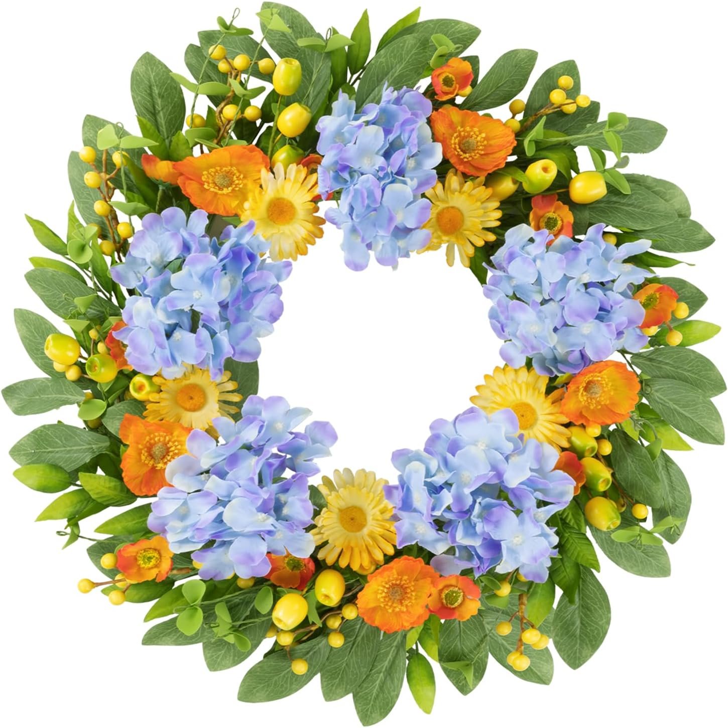 U’Artlines 22 Inch Spring Summer Wreaths for Front Door, Artificial Hydrangea Wreath with Green Leaves Berries, Large Silk Floral Wreath for All Seasons Window Wall Wedding Decor