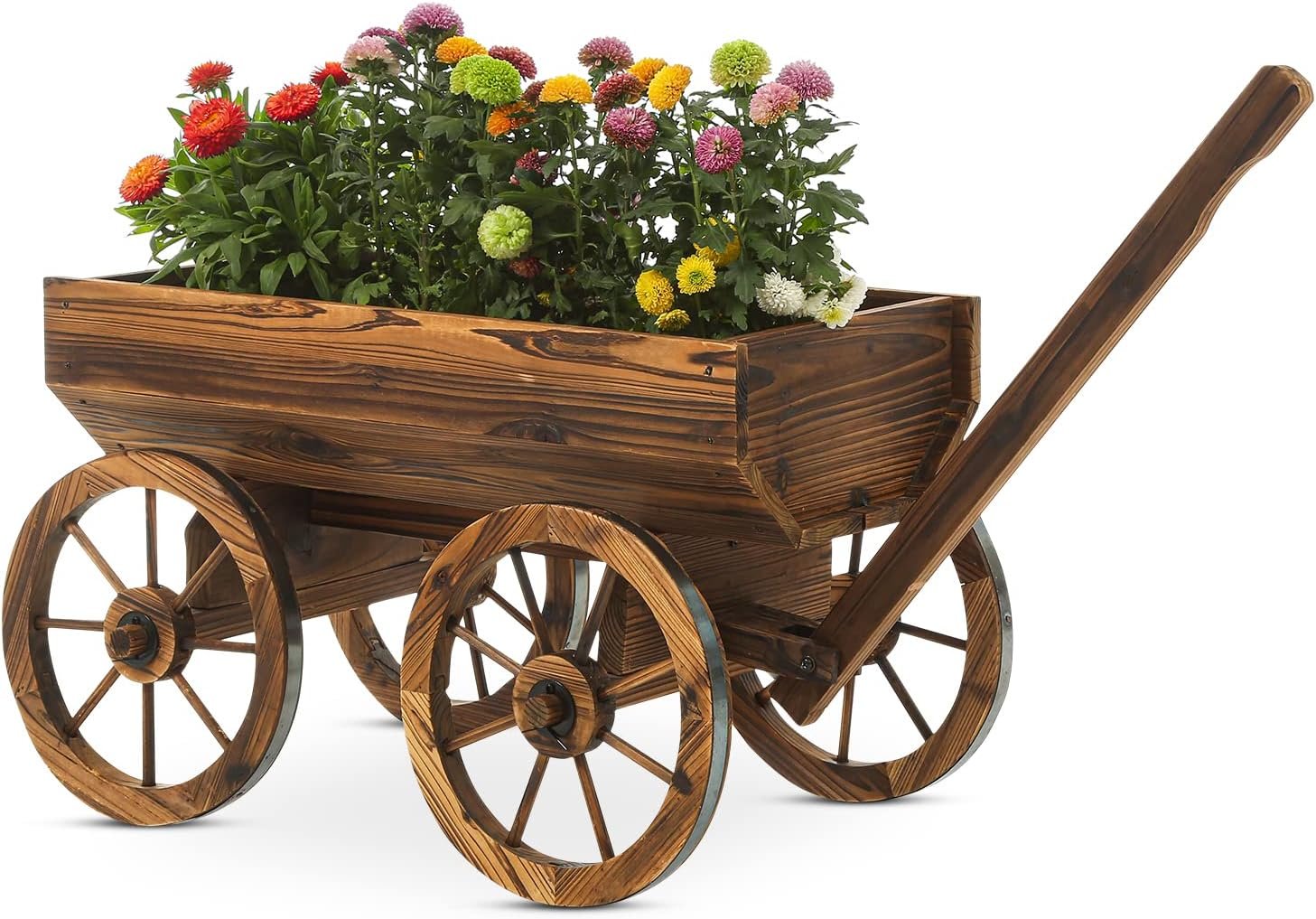 Notume Garden Wooden Decor Rustic Flower Pot,Planters Wagon Indoor Outdoor Backyard Balcony Decor,for Outside Garden Decor Wheelbarrow Planter for Patio (Wooden Wagon)