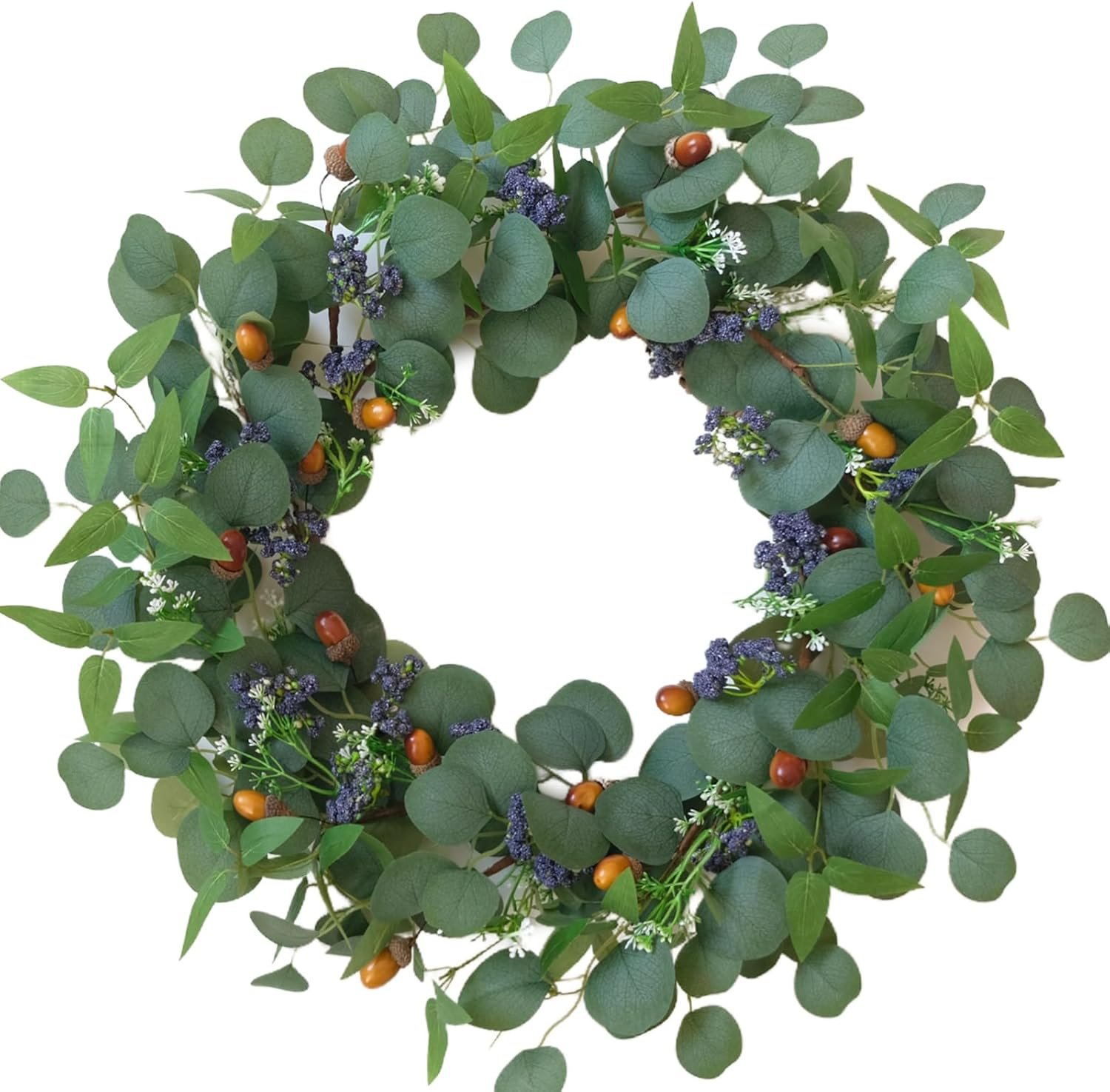 TEMPUS 22″ Eucalyptus Wreath for Front Door – Pre-Fluffed Greenery Wreath with Olive Leaves & Hazelnuts, Farmhouse All-Season Door Decor