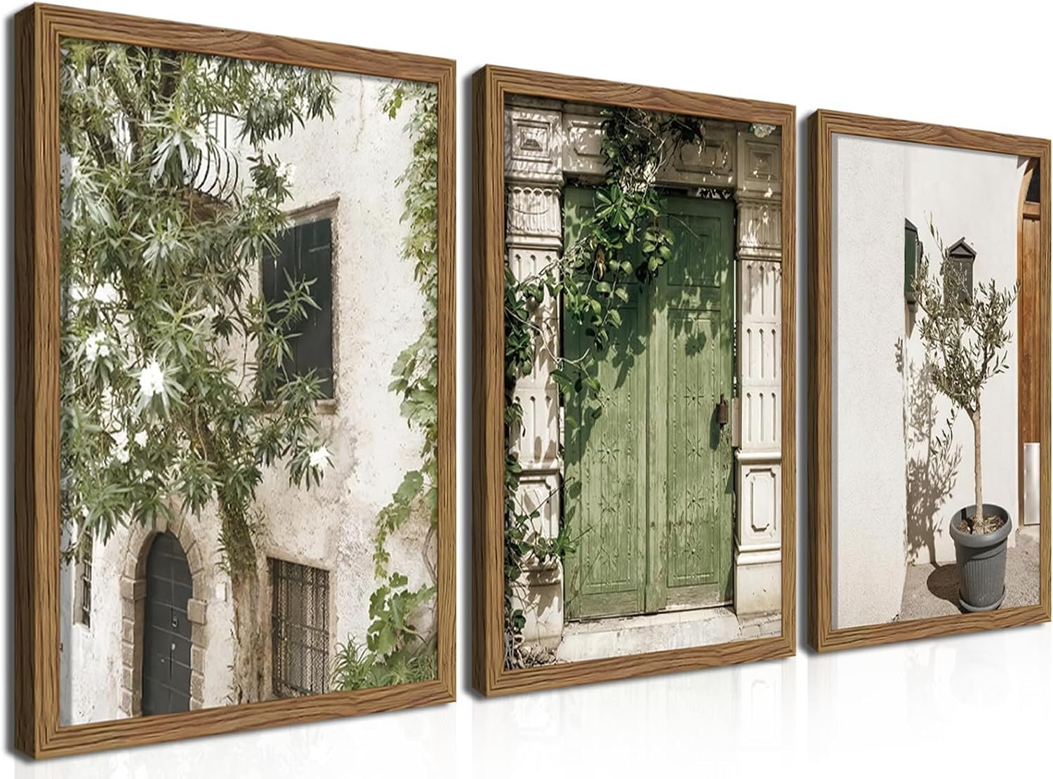 Wood Framed Vintage Italy Wall Art, Olive Green City Landscape Canvas Wall Decor Paintings, Large Modern Minimalist Posters Prints Pictures for Living Room,Bedroom,Office 12×16 Inch