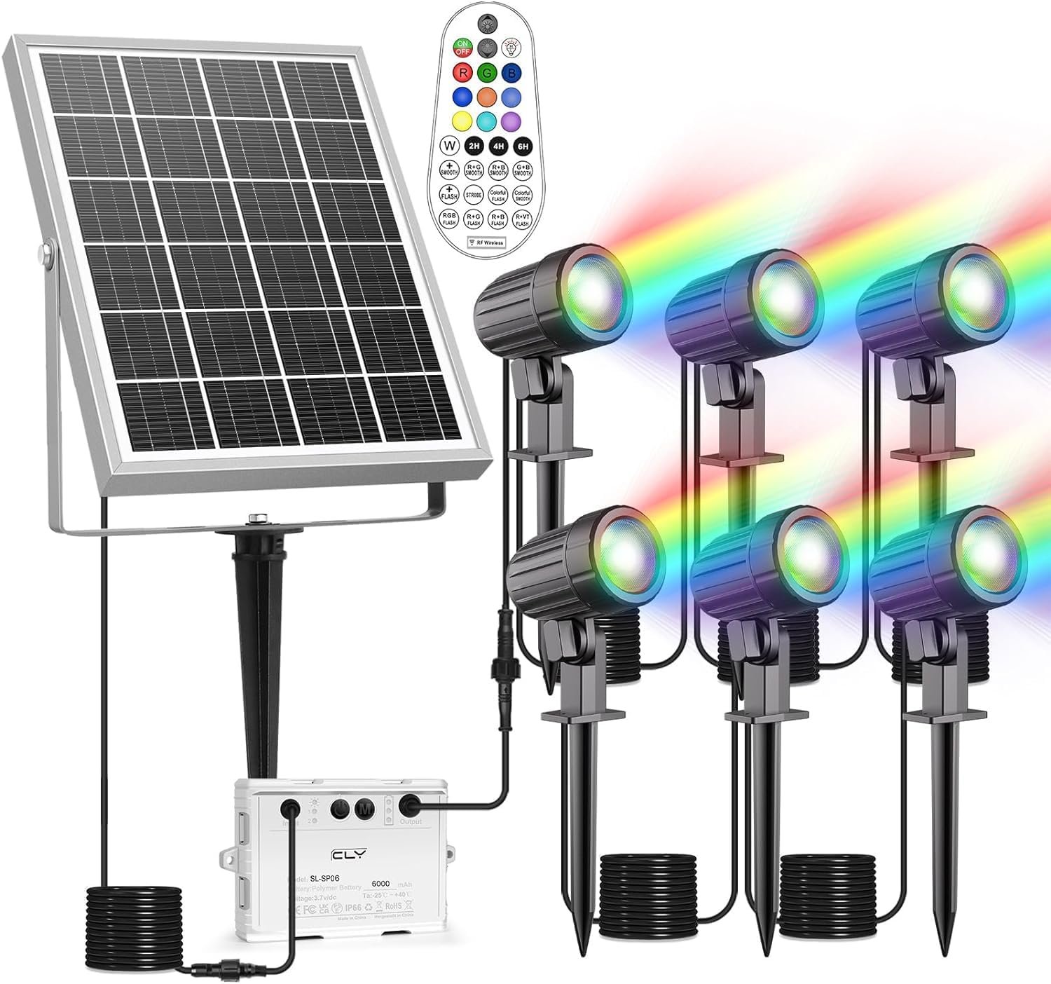 Cly Solar RGB Spotlights Outdoor Garden Floodlight Landscape Spotlights 6-1 | 10 Colors 12 Modes Solar Powered Spike Lights IP66 Waterproof 59.06ft Cable with Remote for Lawn, Patio, Balcony, Decoration