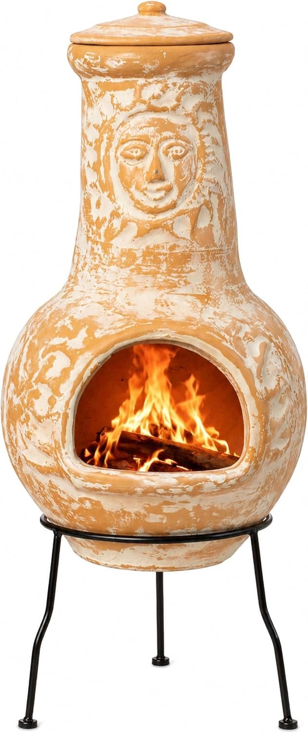 Outdoor Clay Chiminea Fireplace Sun Design Wood Burning Fire Pit with Sturdy Metal Stand, Barbecue, Cocktail Party, Cozy Nights Fire Pit (Beige)
