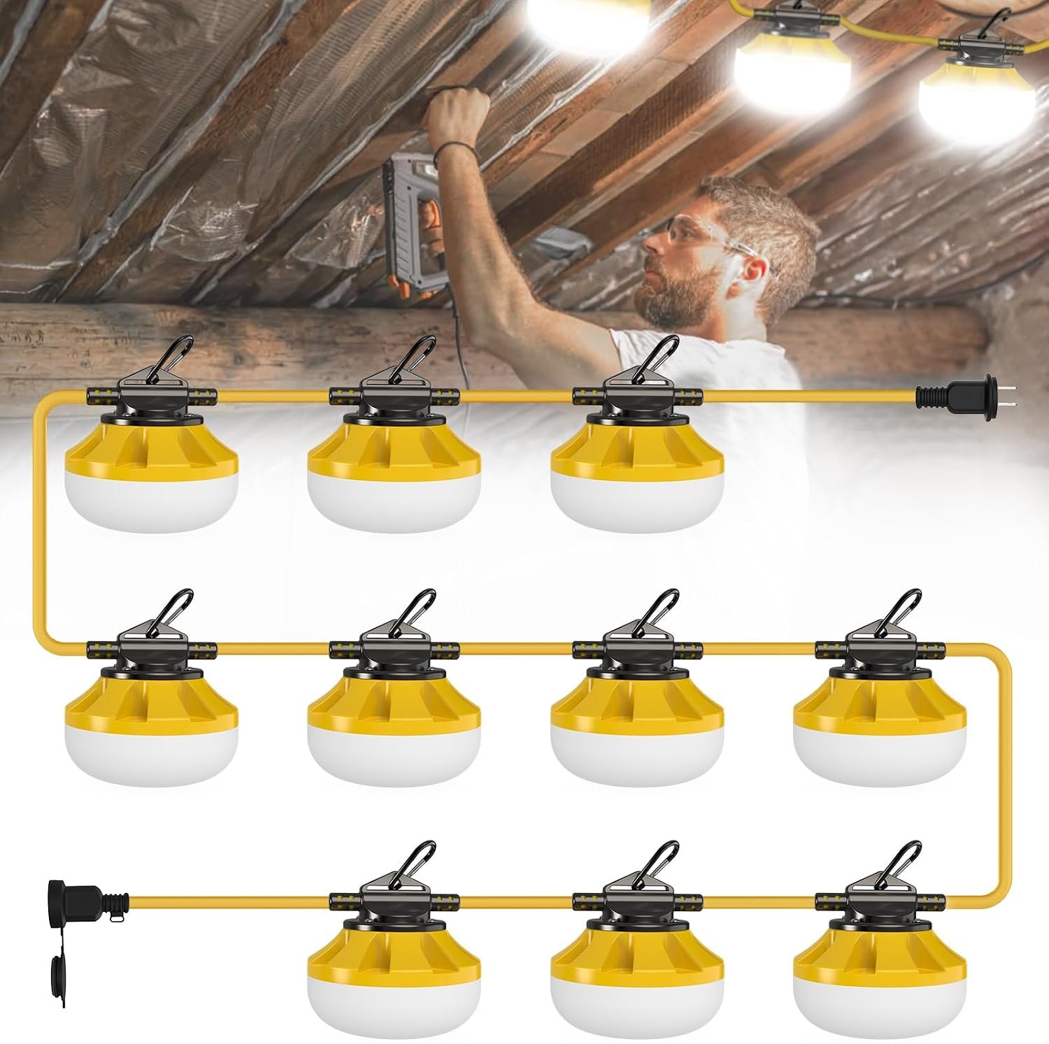 100FT Construction String Lights: 100W Led Construction String Lights with 10 Bulbs & Hooks, IP65 Attic Lighting 5000K Linkable Hanging Work Light for Crawlspace, Basement, Backyard