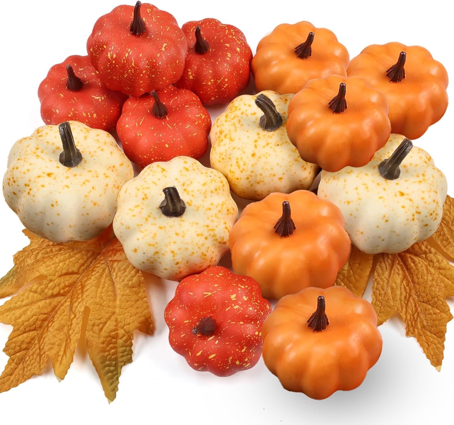 LZNPA 16PCS Artificial Mini Fake Pumpkins Set with Fall Leaves，Foam Plastic Carvable DIY Small White Craft Pumpkins Decor for Thanksgiving Halloween Home Fall Porch Table Decor