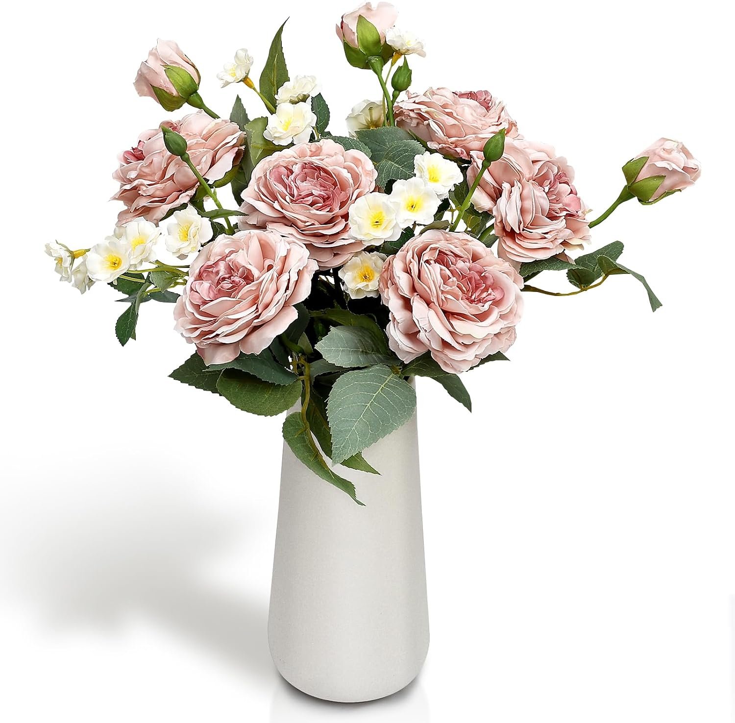 Fake Flowers in Ceramic Vase for Table Centerpieces | 16’’ Roses Peonies Flowers Bouquet with White Tall Vase, Flower Arrangements for Indoor Home Decor, Pink