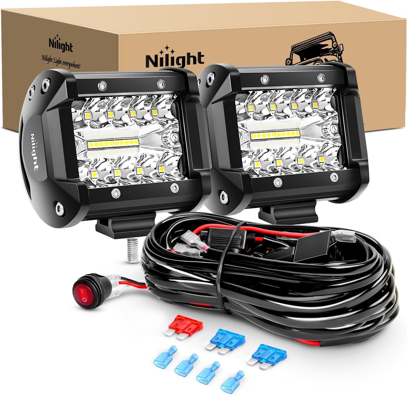 Nilight LED Light Bar 2PCS 60W 4 Inch Flood Spot Combo LED Work Light Pods Triple Row Work Driving Lamp with 12 ft Wiring Harness kit – 2 Leads