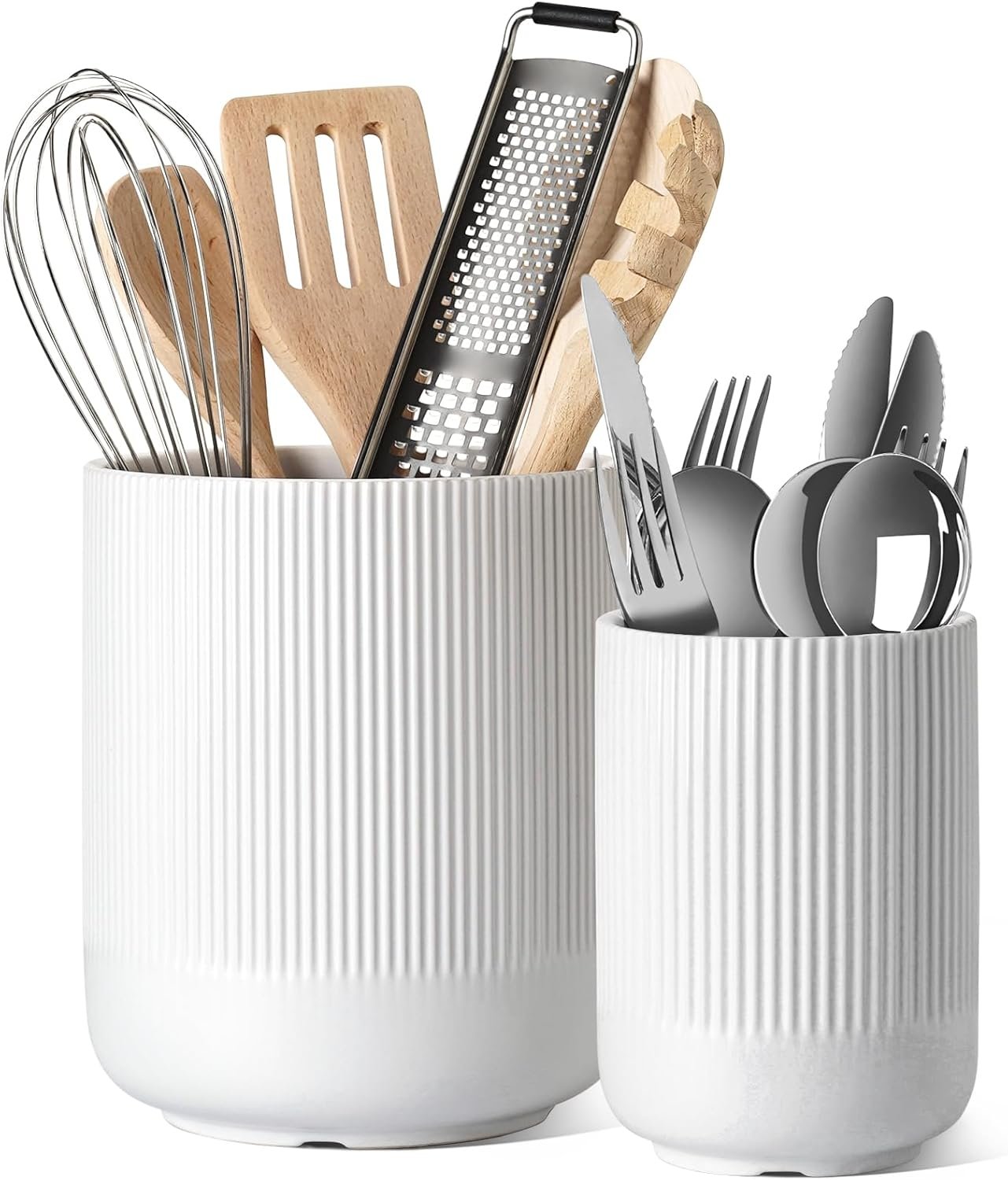 LE TAUCI Utensil Holder for Kitchen Counter, 7.3″+5.4″ Fluted Ceramic Utensil Crock Organizer for Countertop, Heavy Large Holder for Spatulas, Spoons, Set of 2, White, Kitchen Counter Decor