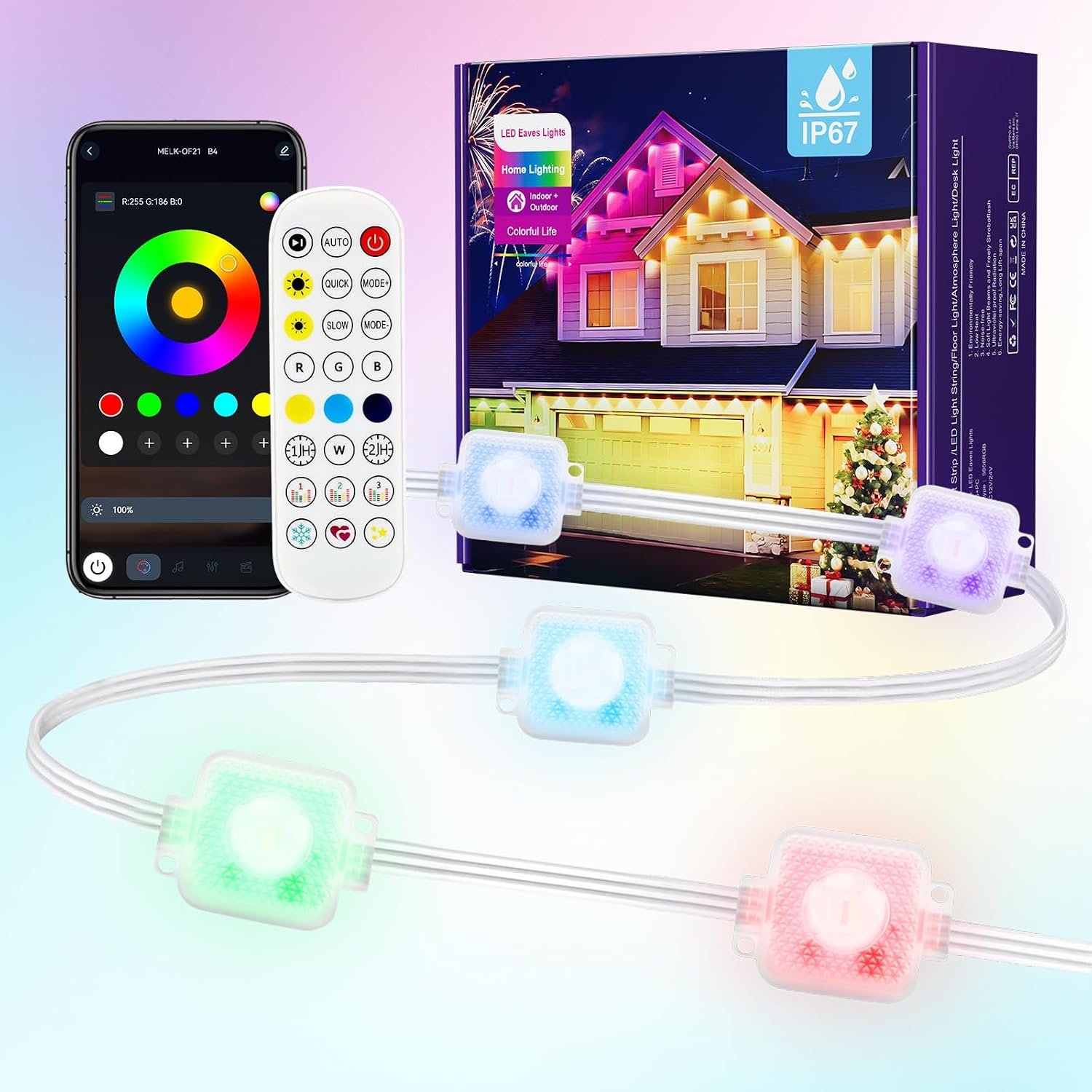100FT Permanent Outdoor Lights, Smart RGB Lights with App Control, IP67 | 16 Million Colors, 100 Scene Modes, App & Remote Control for Patio, Garden, Yard, Holiday, Party and Year-Round Decor