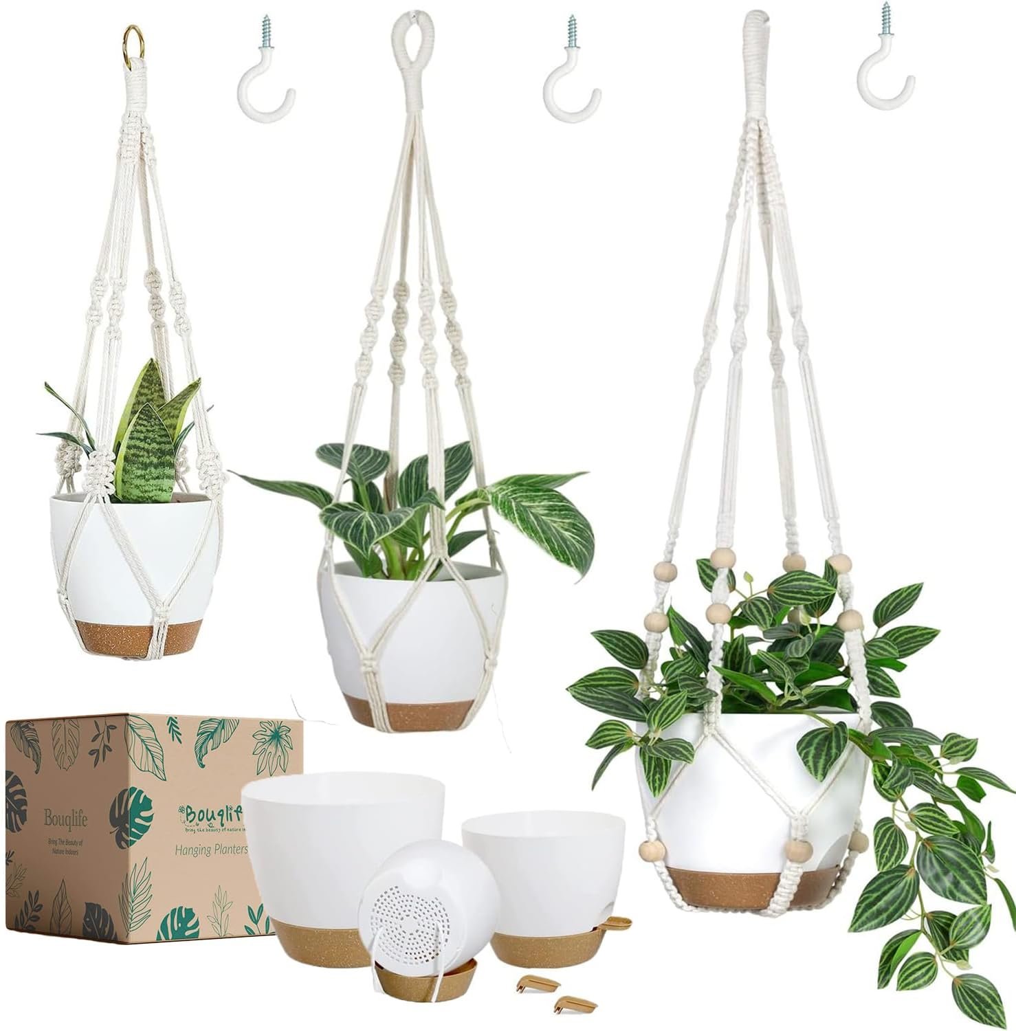 Bouqlife 3 Set Self Watering Hanging Planters for Indoor Plants | 7/6/5.5 Inch Pots with Macrame Plant Hangers, Drainage Reservoirs and Hooks, Hanging Plant Holders, White