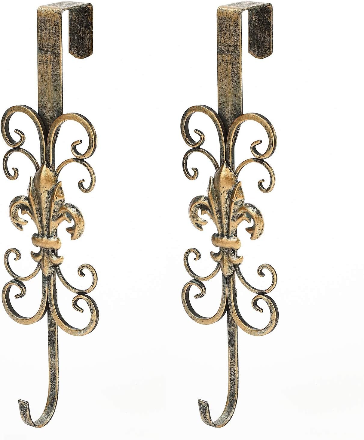 2 Pack 16″ Wreath Hanger for Front Door, No Scratch Door Hook, Antique Gold | Metal Over The Door Wreath Hanger, Fleur Dis Lis Wreath Door Hanger, Door Hanger for Wreath with Scroll Design
