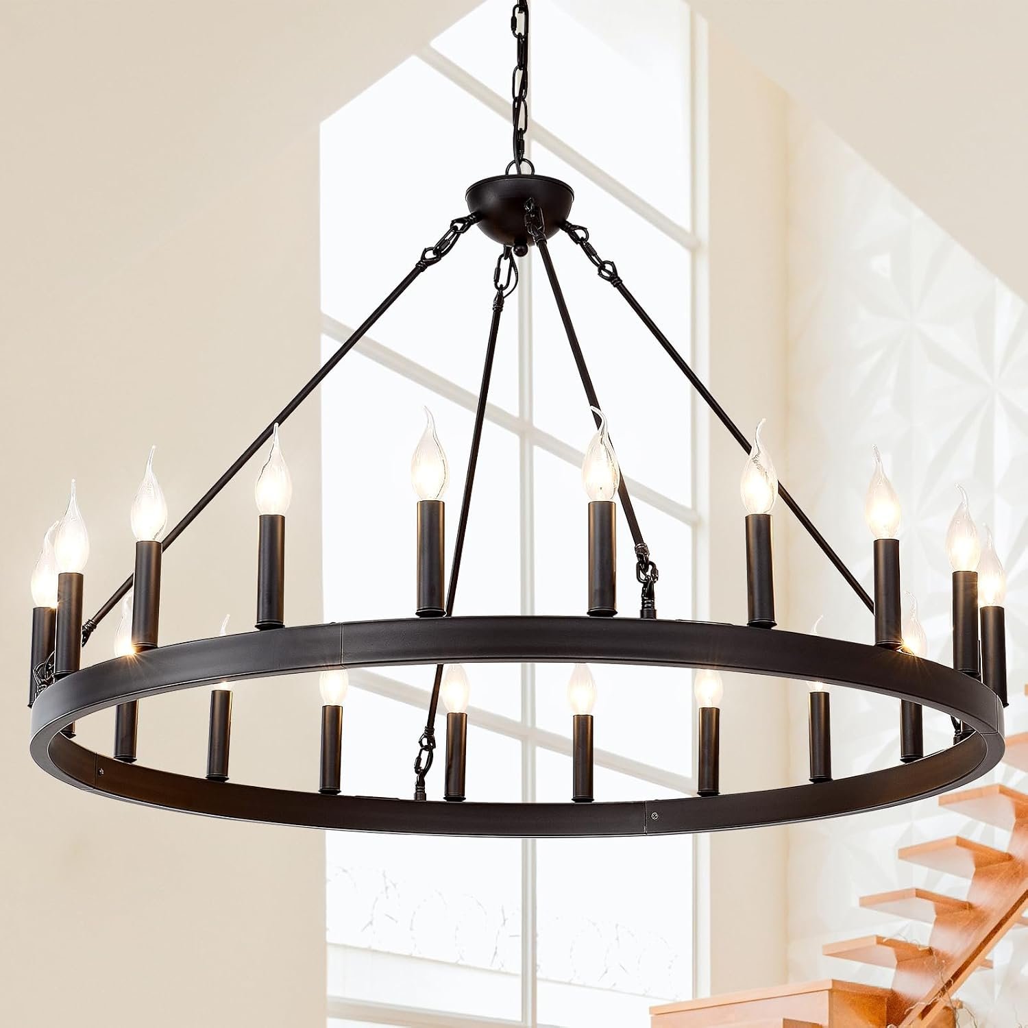 Black Wagon Wheel Chandelier 40 inch,20-Light Farmhouse Wagon Wheel Chandeliers Round Industrial Ceiling Light fixtures for Porch high Ceilings Living Dining Room Foyer Entryway