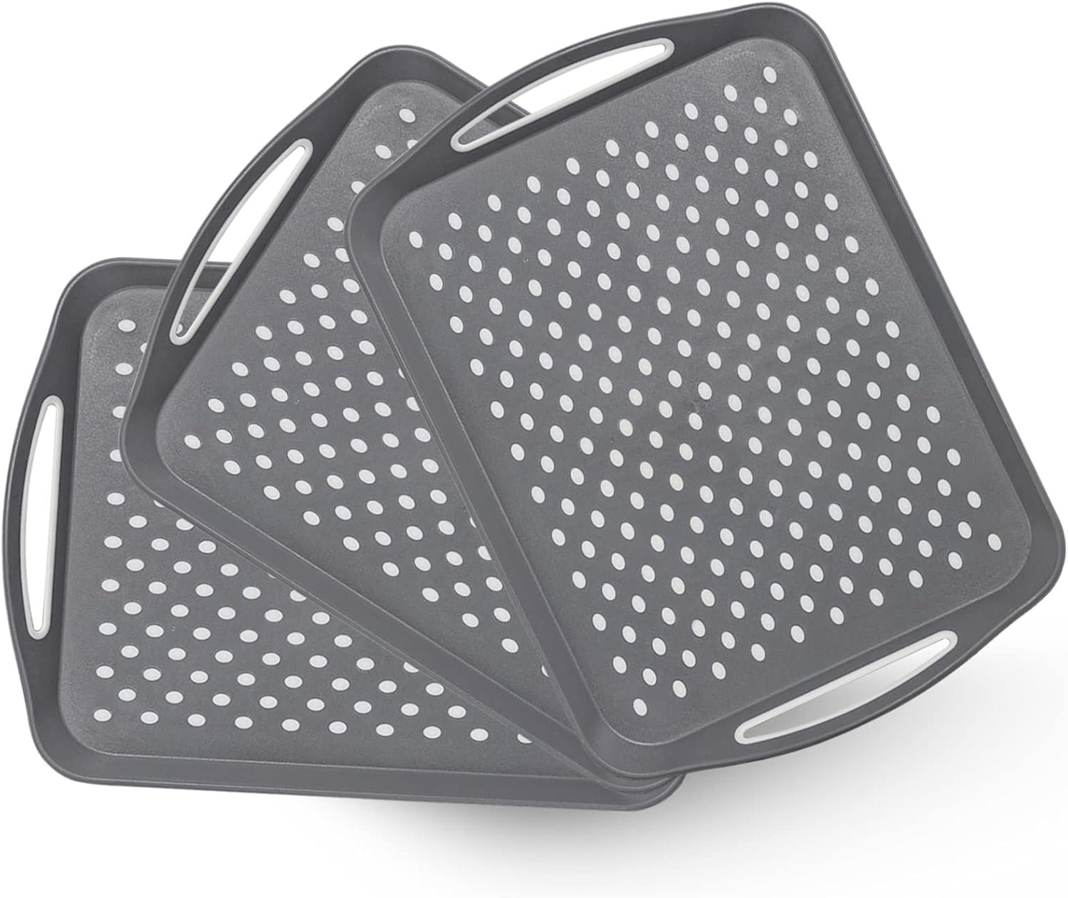 17.7″ x 12.5″ Anti-Slip Serving Trays with Handles, 3 Pcs X-Large Rectangular Food Serving Tray for Lap, Food Trays for Eating on Couch, Reusable and Durable, Grey