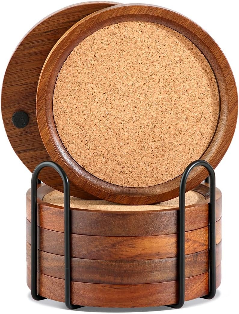 WLWNWFT Wood Cork Coasters for Drinks Absorbent with Holder, Large Wooden Coaster for Coffee Table, Cork Coaster for Wooden Table Decor New Home Gifts Mom’s Day – Rustic 4.72Inch