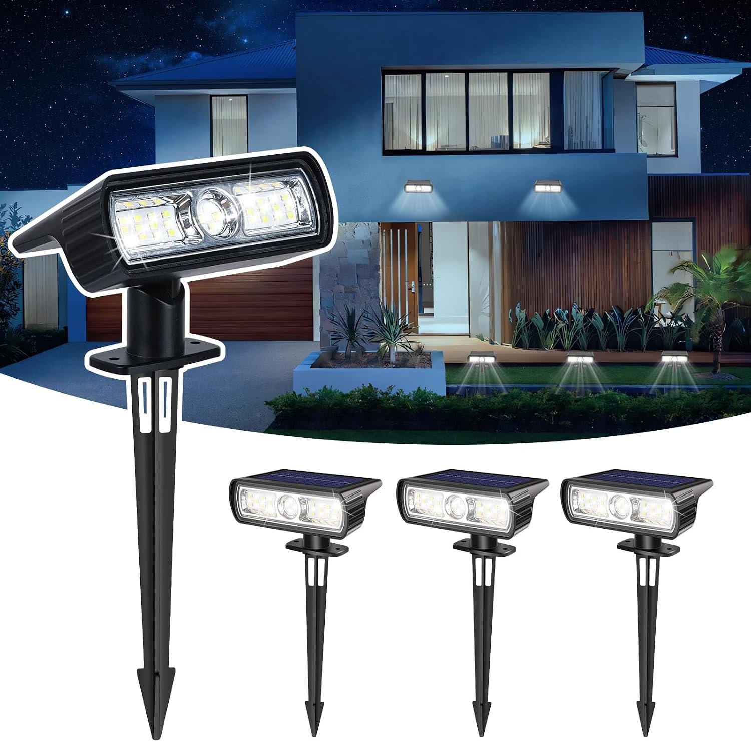 Toodour Solar Spot Light Outdoor, 4 Pack Solar Lights Outdoor with 2 Modes, Waterproof Solar Powered Flood Lights Landscape Lighting for Yard Garden Home Pathway Walkway Outdoor Decor – Cool White