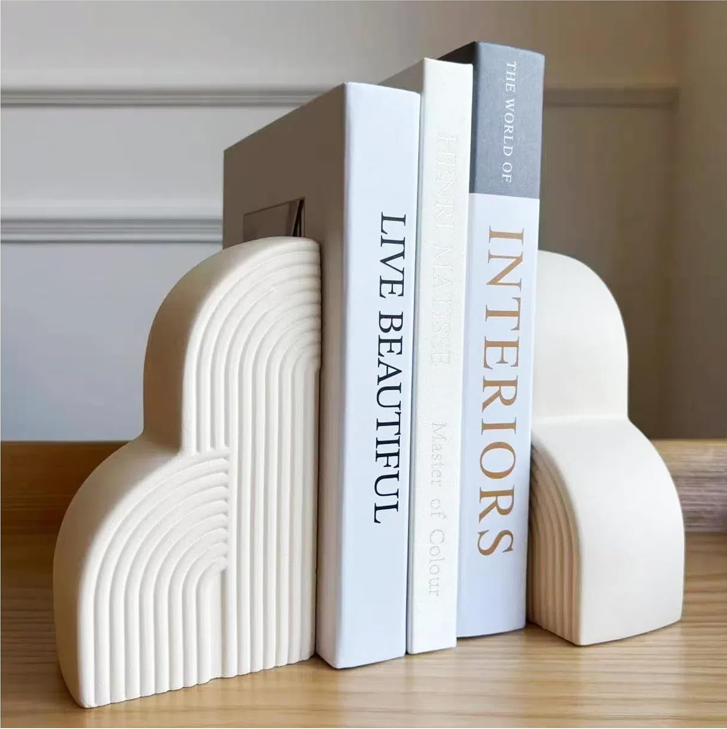 Bookends Decorative for Heavy Books – Aesthetic Boho Style, Cream White | Book Ends for Shelves – heavy-duty 6.4 lbs concrete decorative bookends (set of 2) provides maximum support for large books